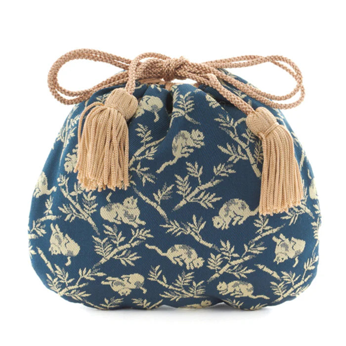 Nishijin Ori Small Drawstring Bag - Handmade Japanese Traditional Craft Purse with Bamboo Groves & Cats Design in Navy Blue | Made in Kyoto Japan | Perfect for Gift, Cosmetics & Jewelry Storage