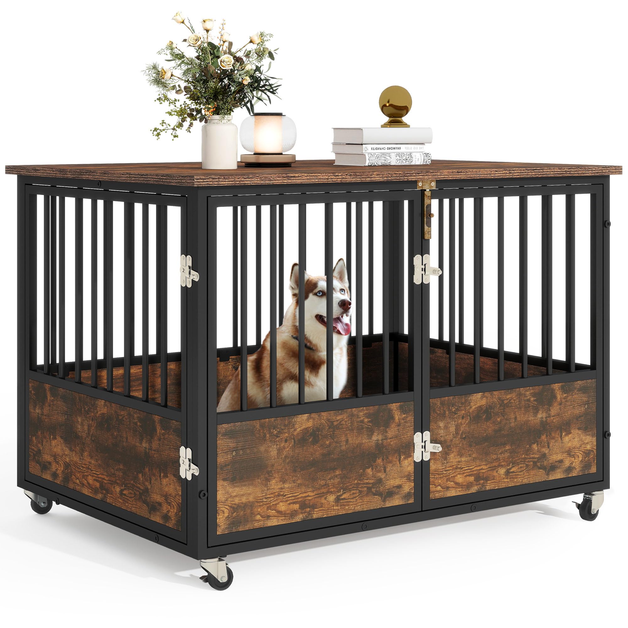 DWVO 43 Inch Rustic Brown Farmhouse Dog Crate Furniture with Wheels - Chew-Resistant Wooden Dog Kennel Indoor End Table with Double Doors | Perfect for Living Room, Bedroom & Home Decor
