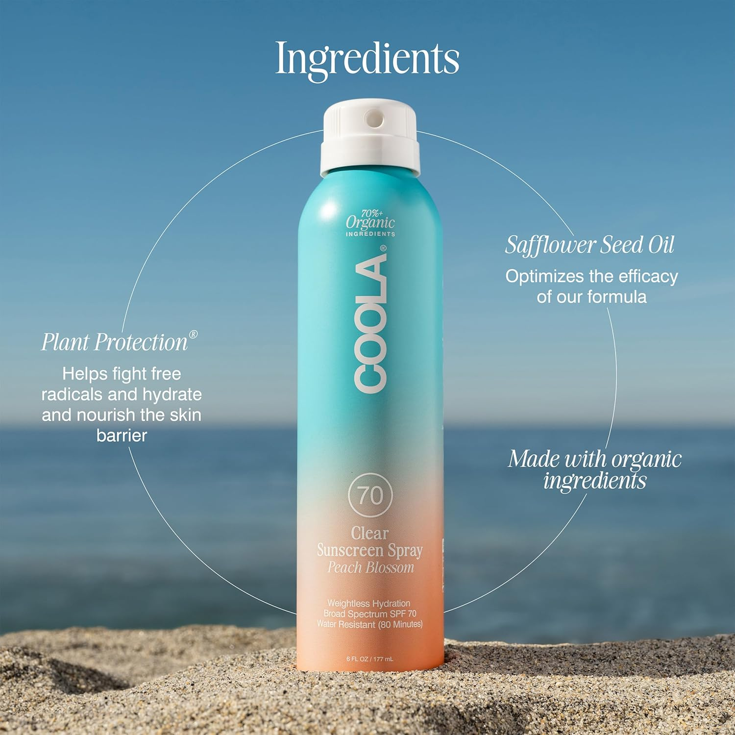 COOLA Classic Body Organic Sunscreen Spray SPF 70 - Peach Blossom Scent | Broad Spectrum UVA/UVB Protection | Water Resistant & Reef Safe | Perfect for Beach, Pool & Outdoor Activities