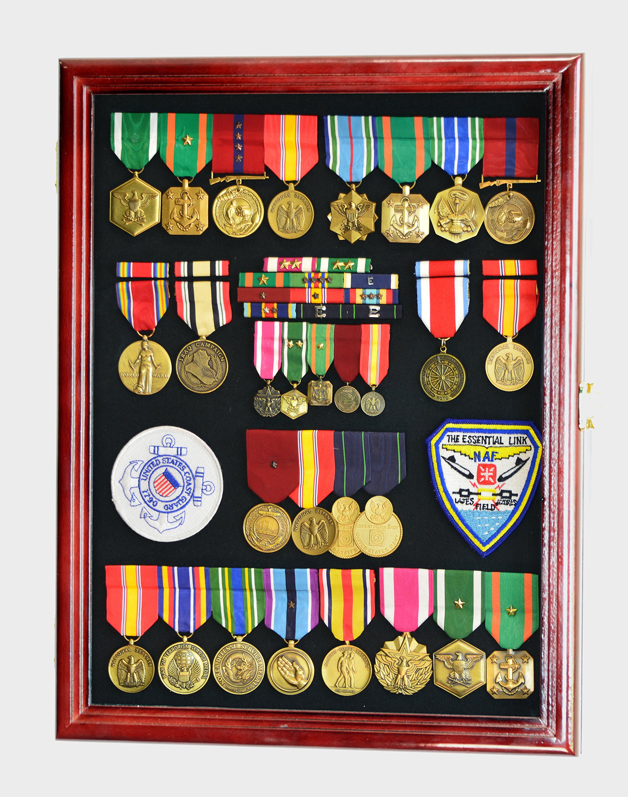 Military Medals, Pins, Badges, Patches & Insignia Display Case - Lockable Shadowbox Cabinet with Pinnable Background for Ribbons & Flags - Perfect for Home, Office or Military Memorabilia Display