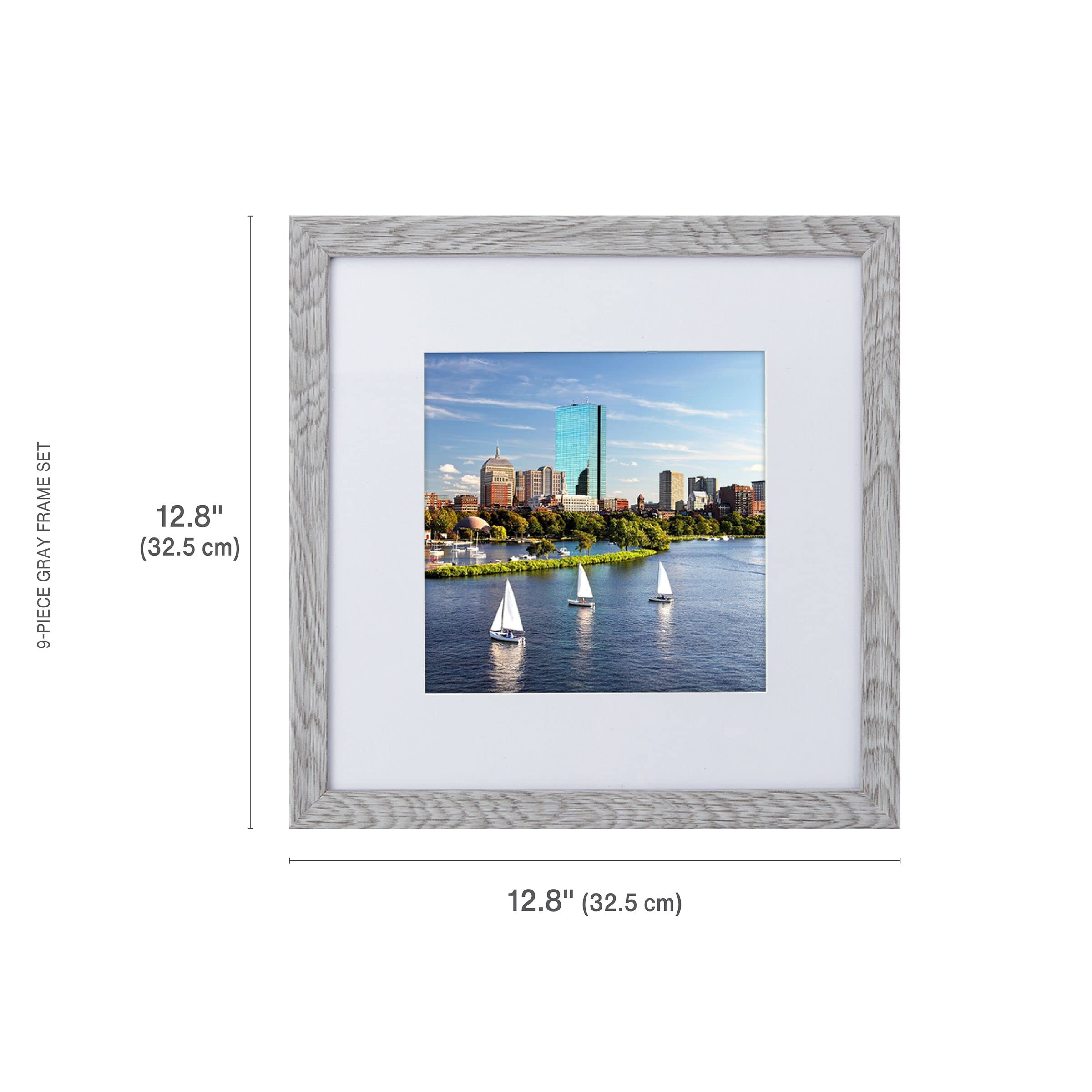 Melannco Set of 9 Gray Wood Photo Frames - 12.8 x 12.8 Inch - Holds 12x12 Photos Without Mat or 8x8 Photos With Mat - Perfect for Wall Gallery, Home Decor, and Picture Display