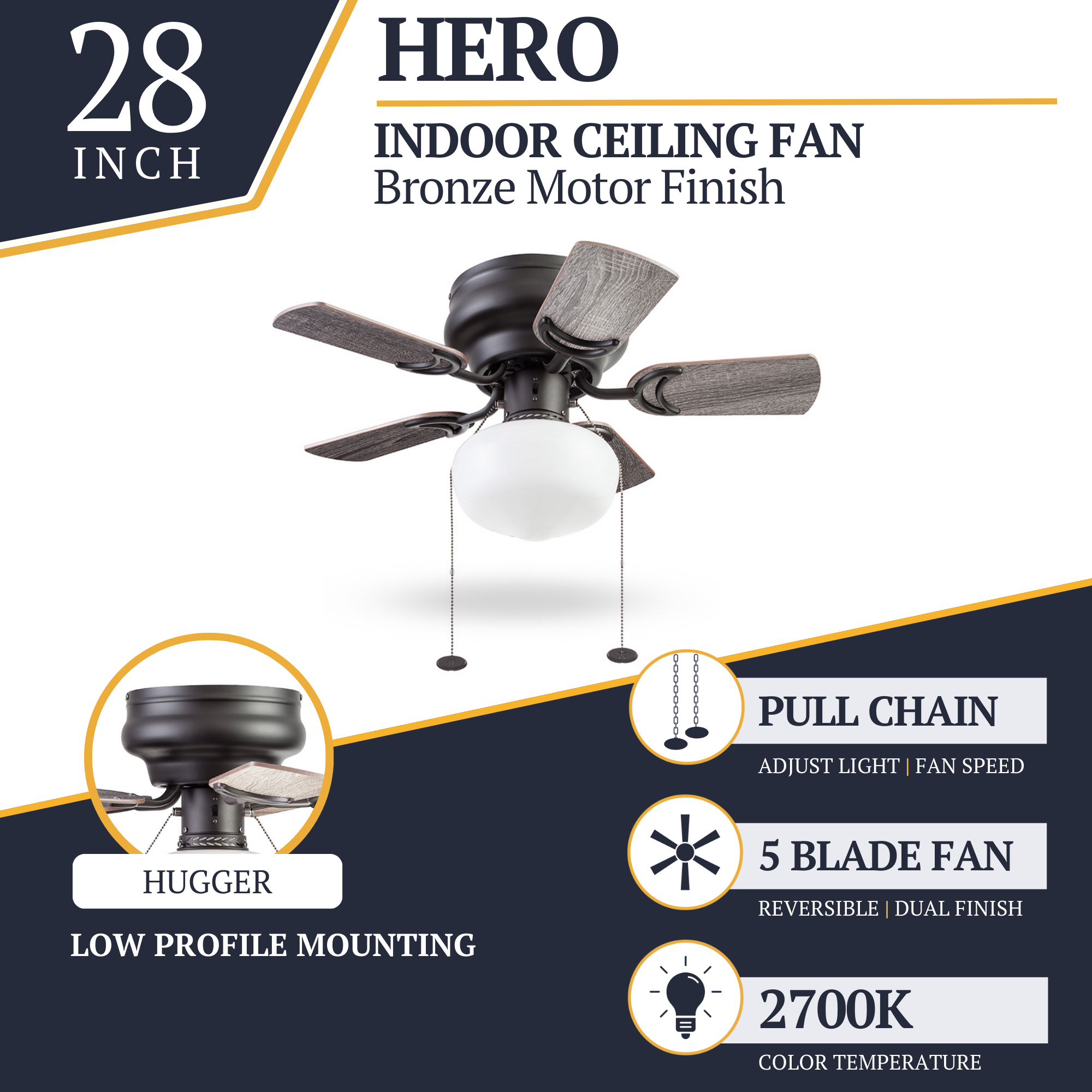28 Inch Bronze Ceiling Fan with Pull Chain - Hero Series - Perfect for Living Room, Bedroom, and Outdoor Spaces