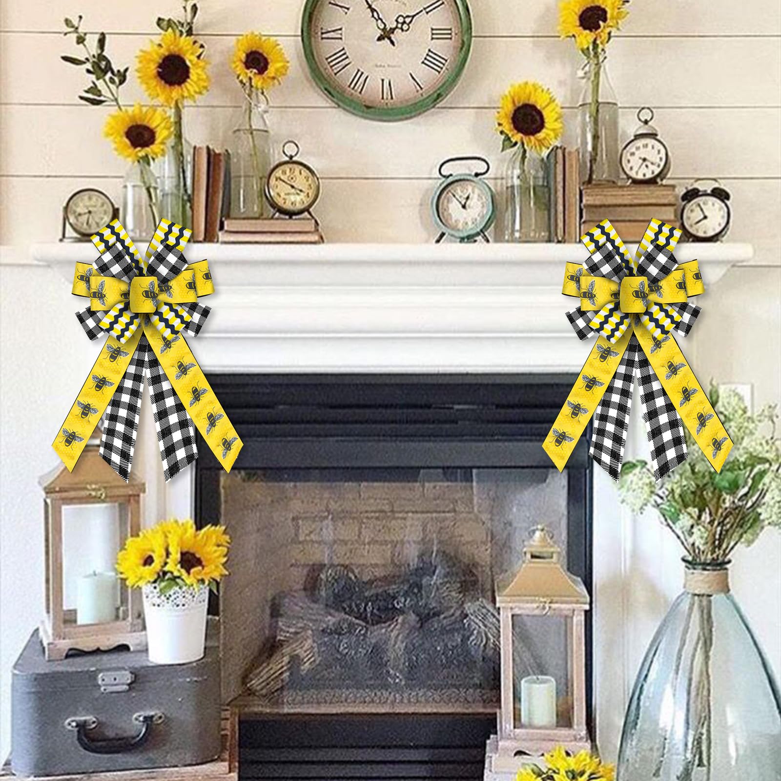 Large Spring Summer Wreath Bows - Black White Buffalo Plaid Happy Bee Day Decorations | Farmhouse Style First Birthday Party Bows for Front Door, DIY Crafts | Perfect for Seasonal Home Decor, Baby Showers & Wedding Decor