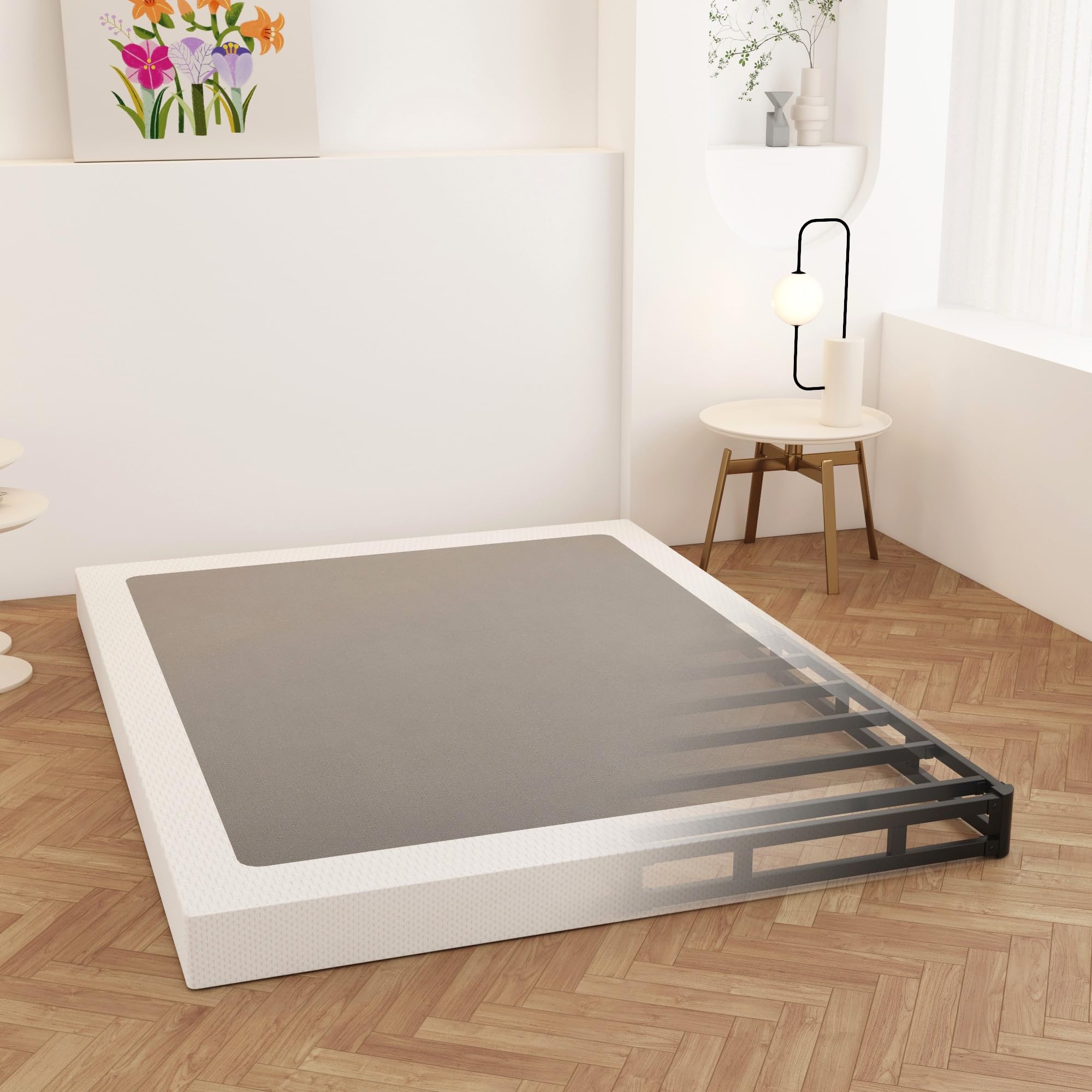 King Size 4 Inch Low Profile Box Spring - Heavy Duty Metal Bed Base with Fabric Cover, Mattress Foundation for Noise-Free Support | Easy Assembly | Ideal for Platform Beds, Adjustable Bases & Guest Rooms (Black)