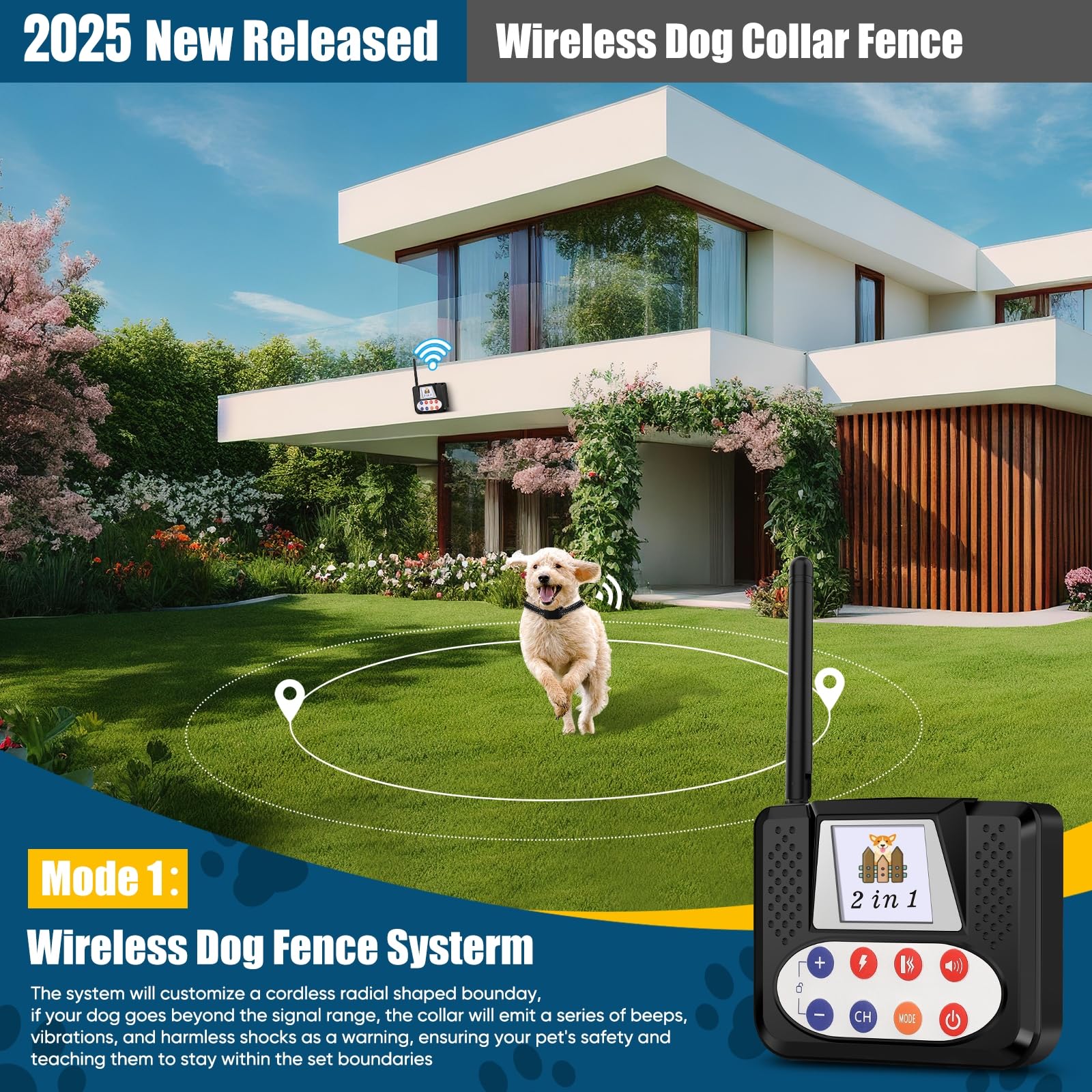 Wireless Dog Fence System with LCD Color Screen & Remote Training Collar - Adjustable Electric Pet Fence for Small, Medium & Large Dogs - Perfect for Backyard, Farm & Outdoor Dog Training