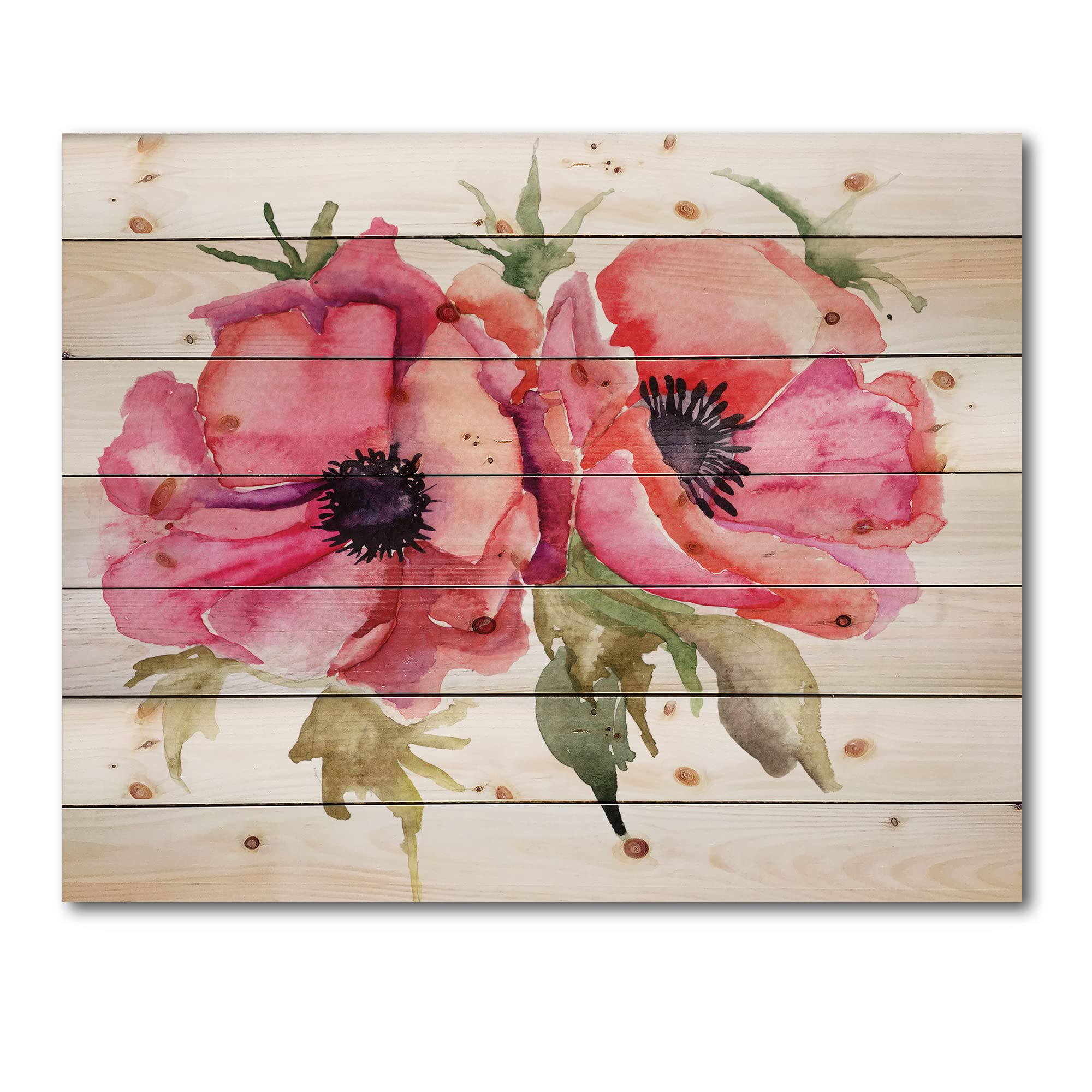 DesignQ Stylized Poppy Flowers Wood Wall Art - Pink Floral Pine Wood Decor Panel for Living Room, Bedroom & Office - Traditional Large Wall Hanging for Home Decoration
