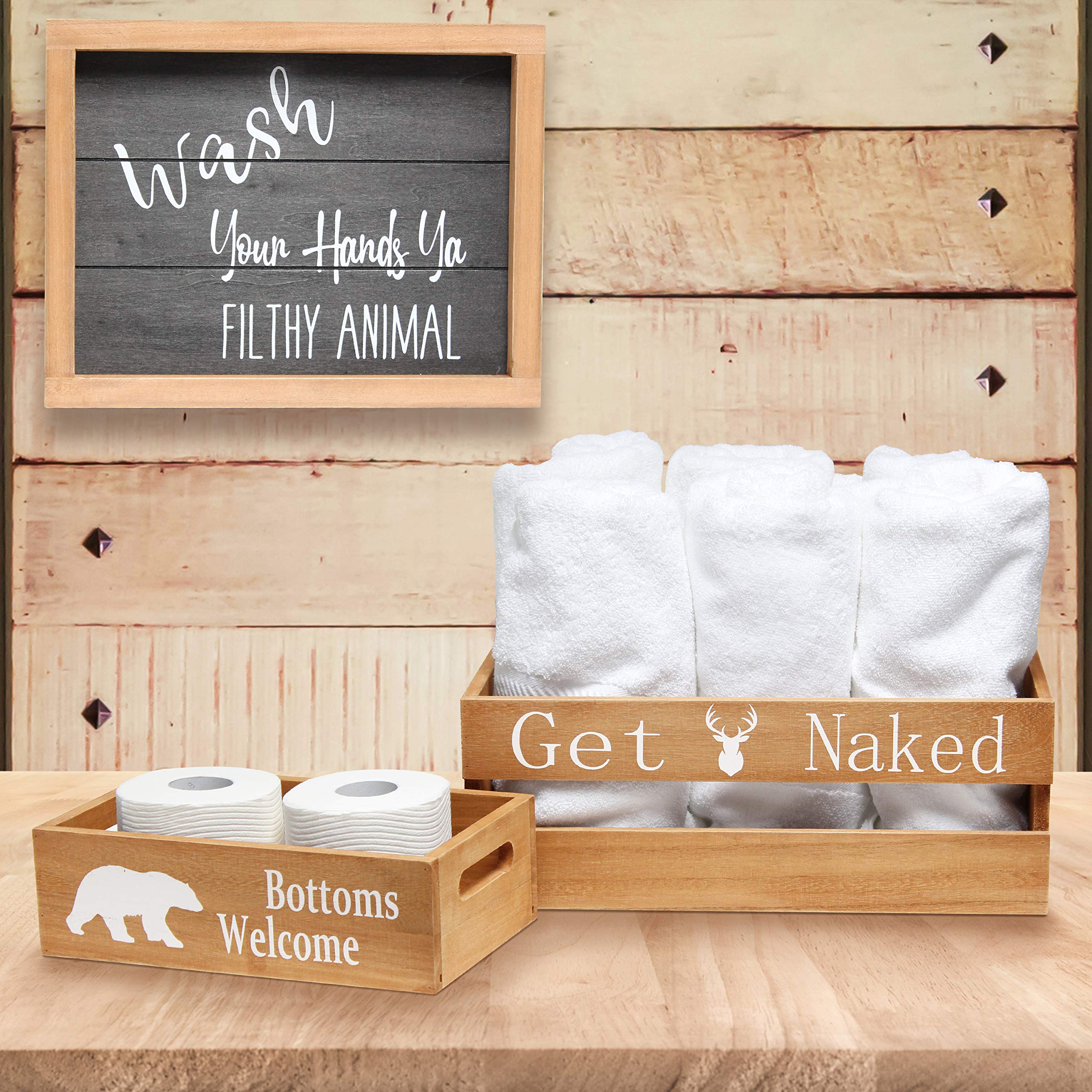Elegant Rustic Wood Bathroom Set - 3 Piece Decorative HG3000-NCL (Towel Holder, Frame, Toilet Paper Holder) - Large Cabin Lodge Style for Bathroom Decor - Perfect for Rustic, Farmhouse & Country Style Homes