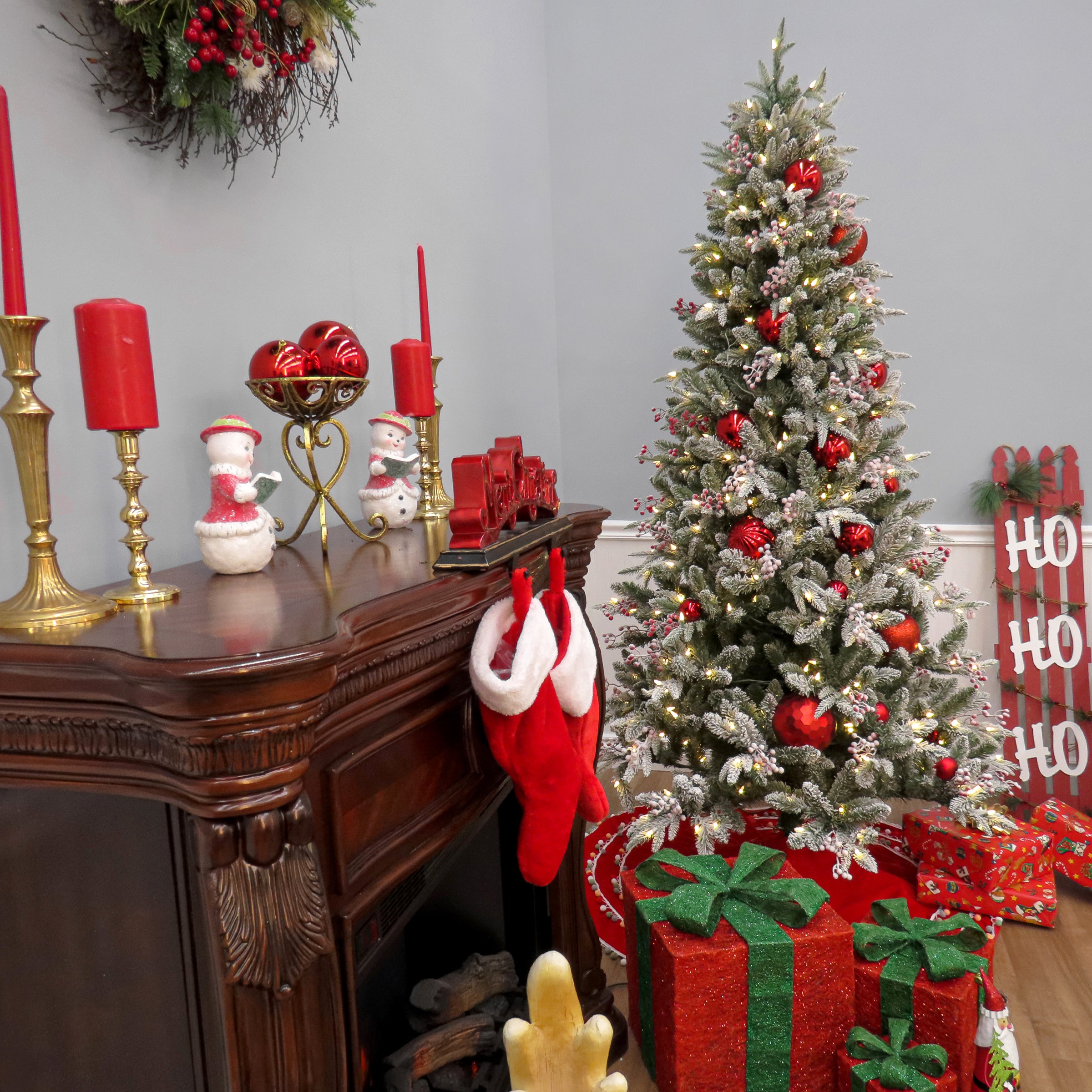 7.5 ft Pre-Lit Snowy Poechmann Fir Artificial Christmas Tree with Warm White LED Lights - Perfect for Living Room, Office & Holiday Decor