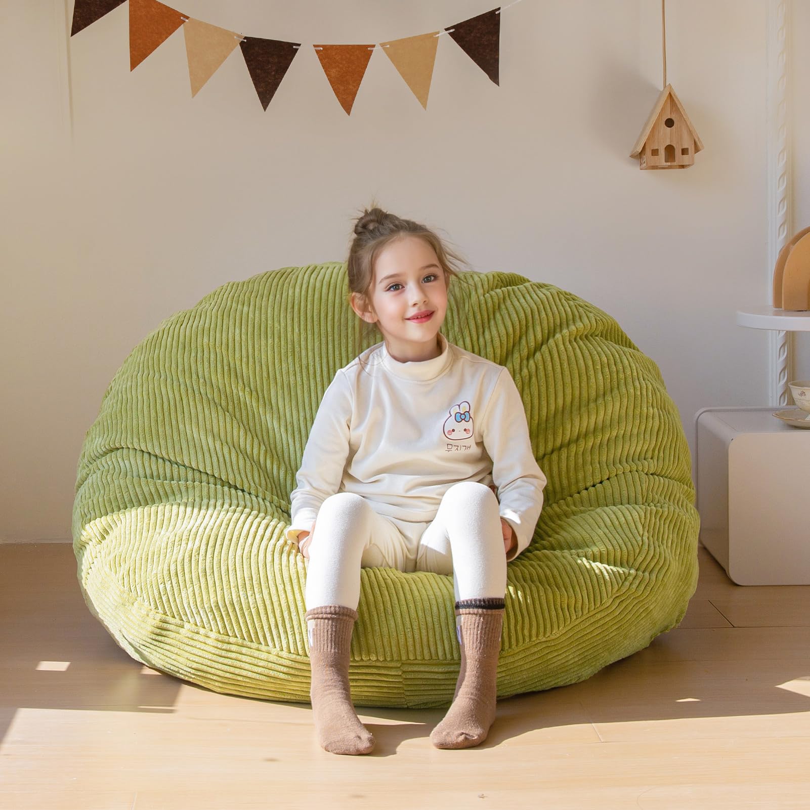 MAXYOYO 3-in-1 Convertible Kids Bean Bag Chair & Bed - Corduroy Round Floor Sofa for Children, Gaming, Reading & Nap Time - Green (Perfect for Playroom, Bedroom & Dorm)