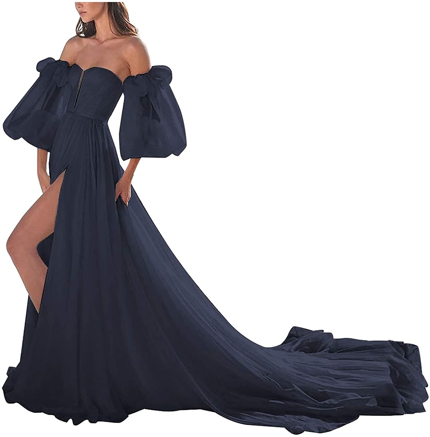 Boqia Women's Off The Shoulder Prom Dresses with Long Side Slit & Ruched Detail - Elegant Formal Wedding Gown for Evening Parties, Homecoming & Special Occasions