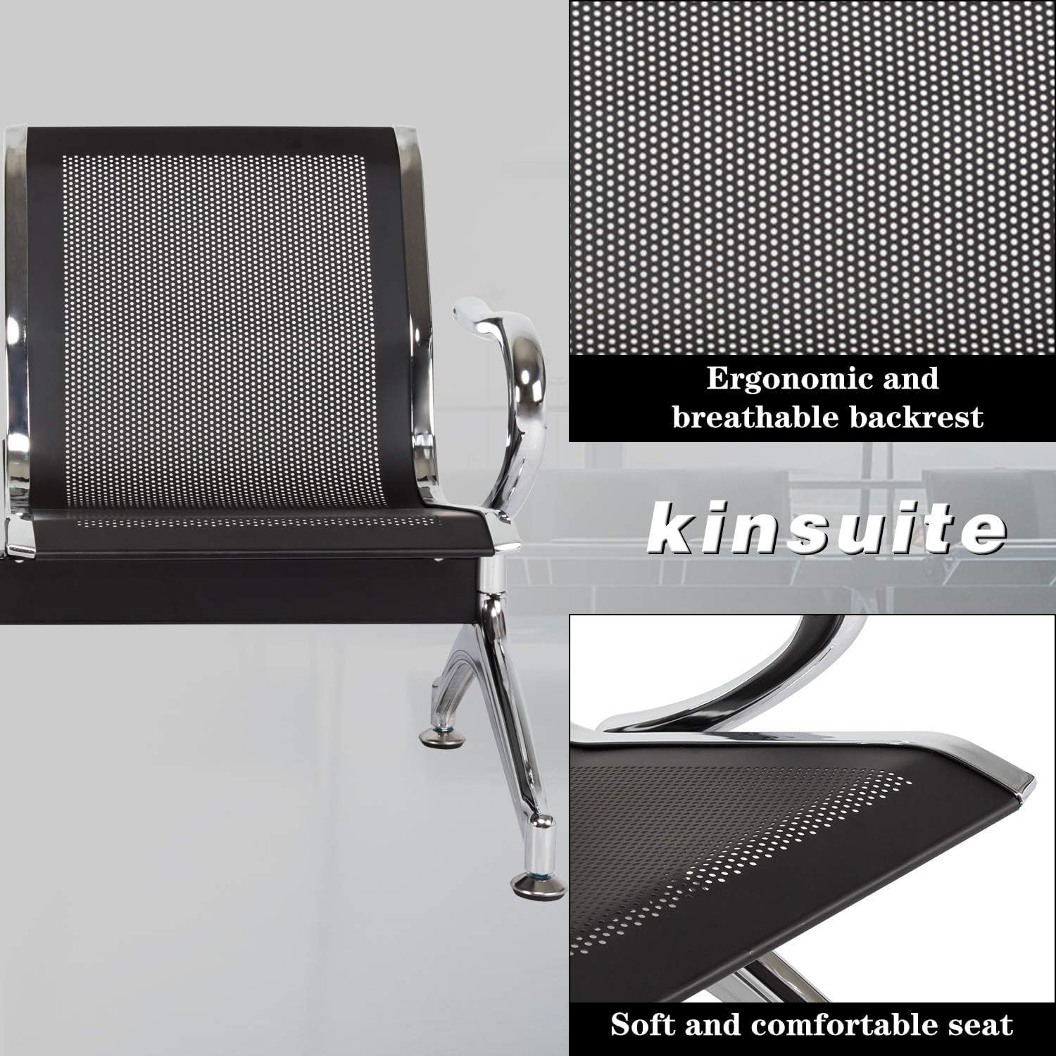 Kinsuite 2-Seat Airport Reception Bench with Arms - Modern Waiting Room Chairs for Office, Bank, Hospital - Durable Guest Chairs for Reception Areas & Lobbies (Black) - Perfect for High-Traffic Commercial Spaces