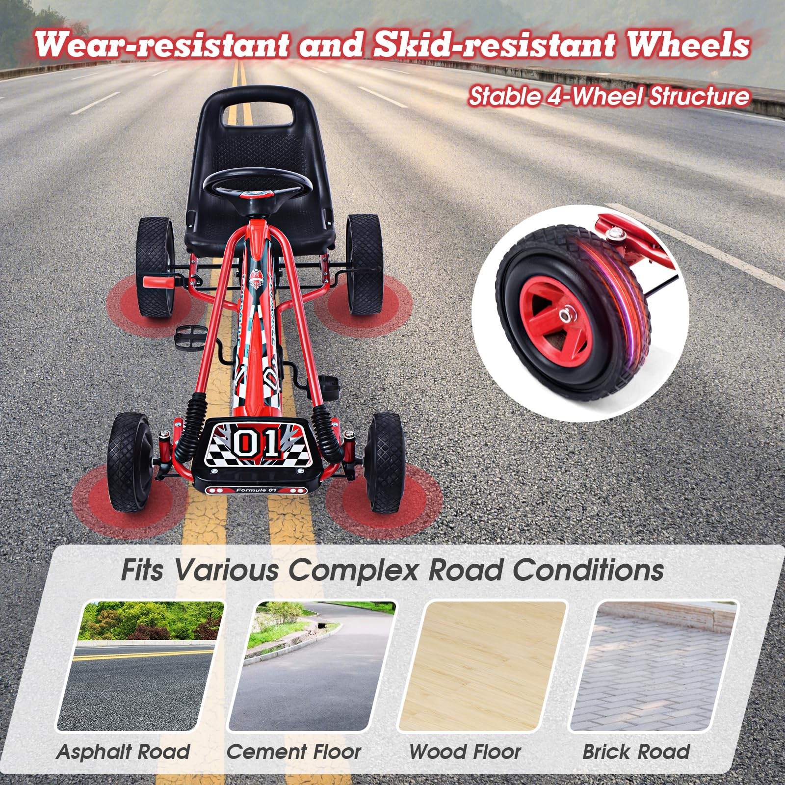 **HONEY JOY Kids Go Kart - 4 Wheel Off-Road Pedal Car with Steering Wheel, Adjustable Seat, 2 Safety Brakes & EVA Tires - Outdoor Ride-On Toy for Boys & Girls - Perfect for Backyard, Park & Driveway Fun (Red)**