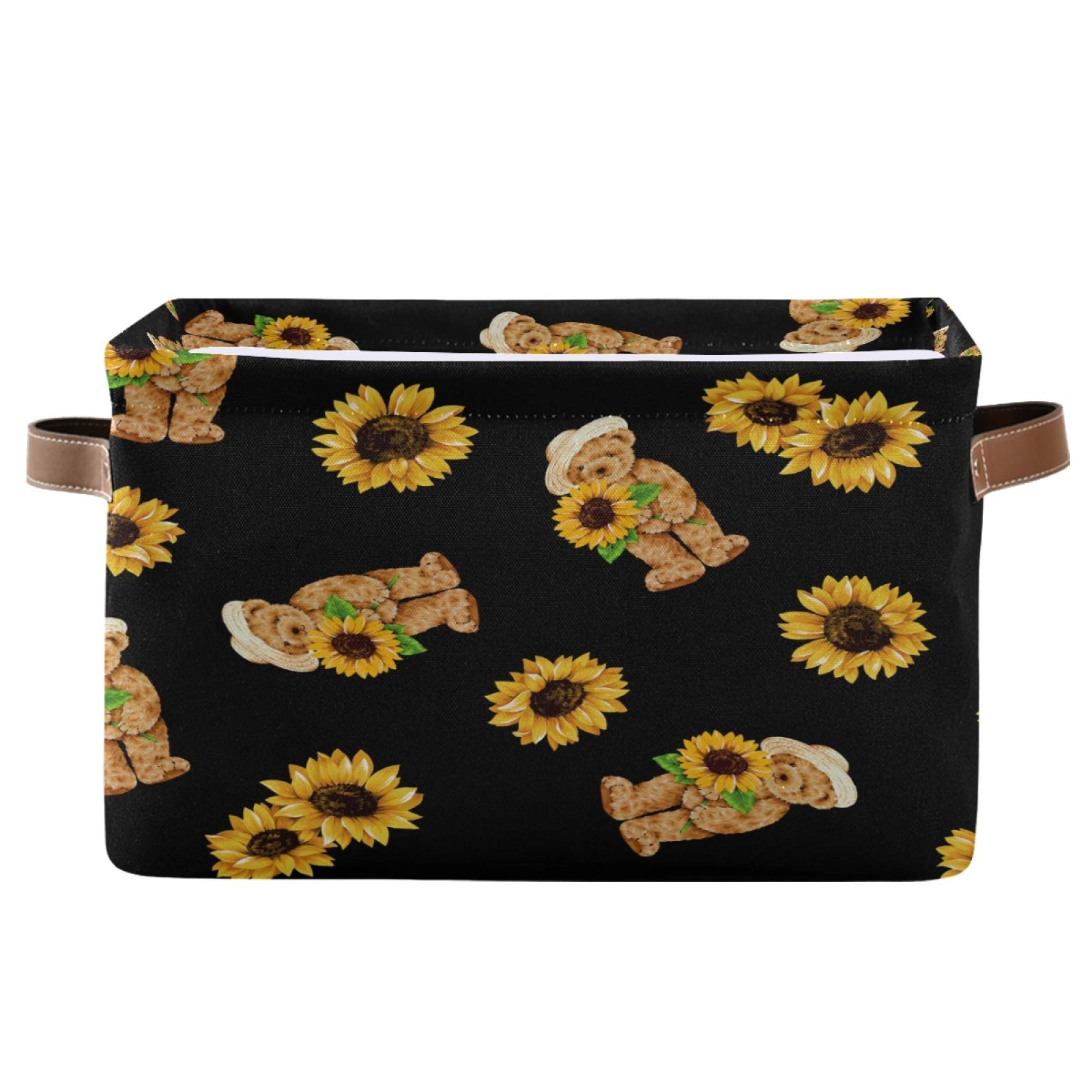 AUUXVA Cute Bear & Sunflower Storage Basket - Durable Collapsible Canvas Toy Organizer Bin with Handles for Bedroom, Closet, Office | Perfect for Kids' Room, Nursery & Home Organization