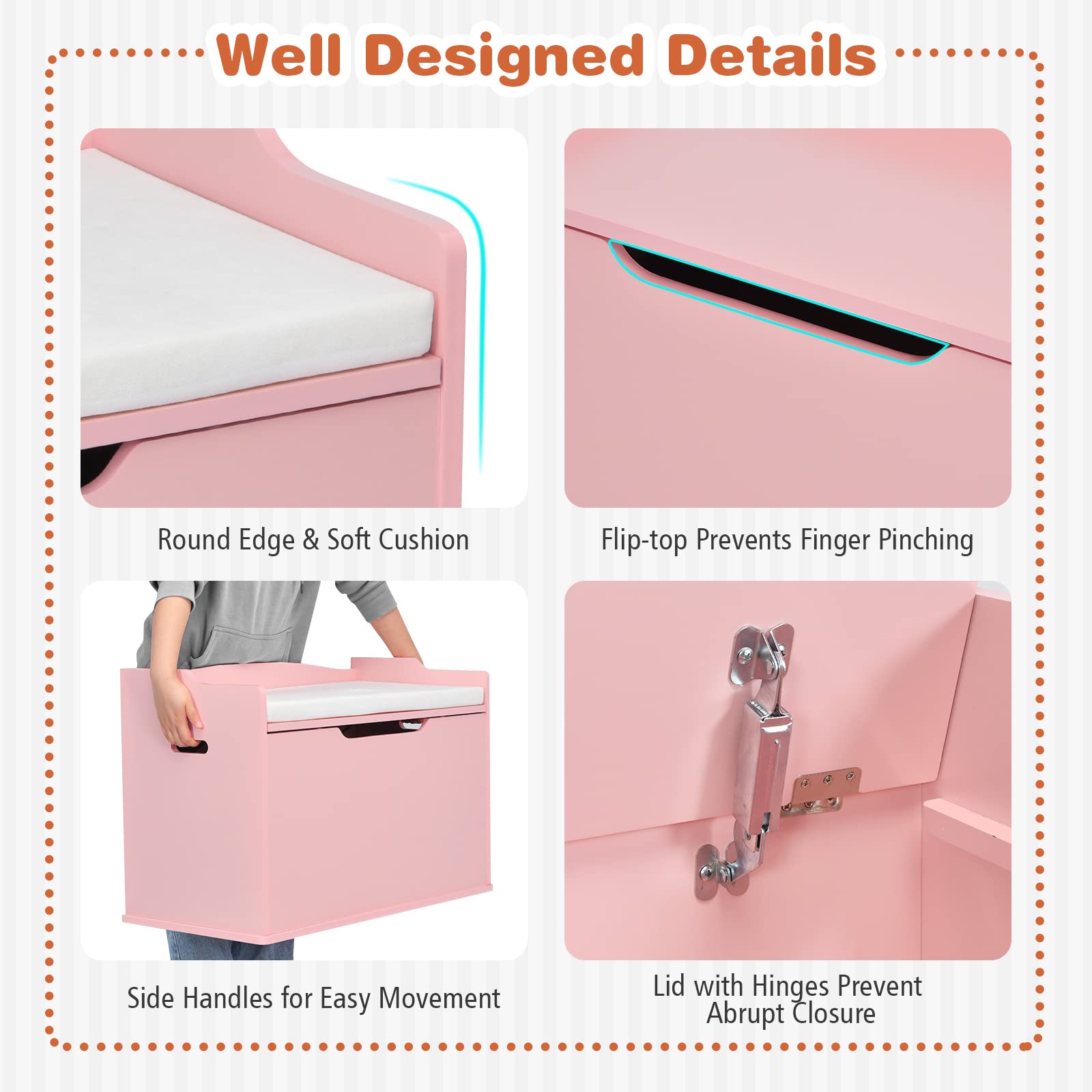 Costzon Kids Wooden Toy Storage Chest with Bench Seat - Safe Finger-Pinch Prevention Lift-Top Design, Multi-Functional Toy Box Organizer for Bedroom, Playroom & Nursery - Pink (Perfect for Toy Storage, Kids Room Decor & Entryway Seating)