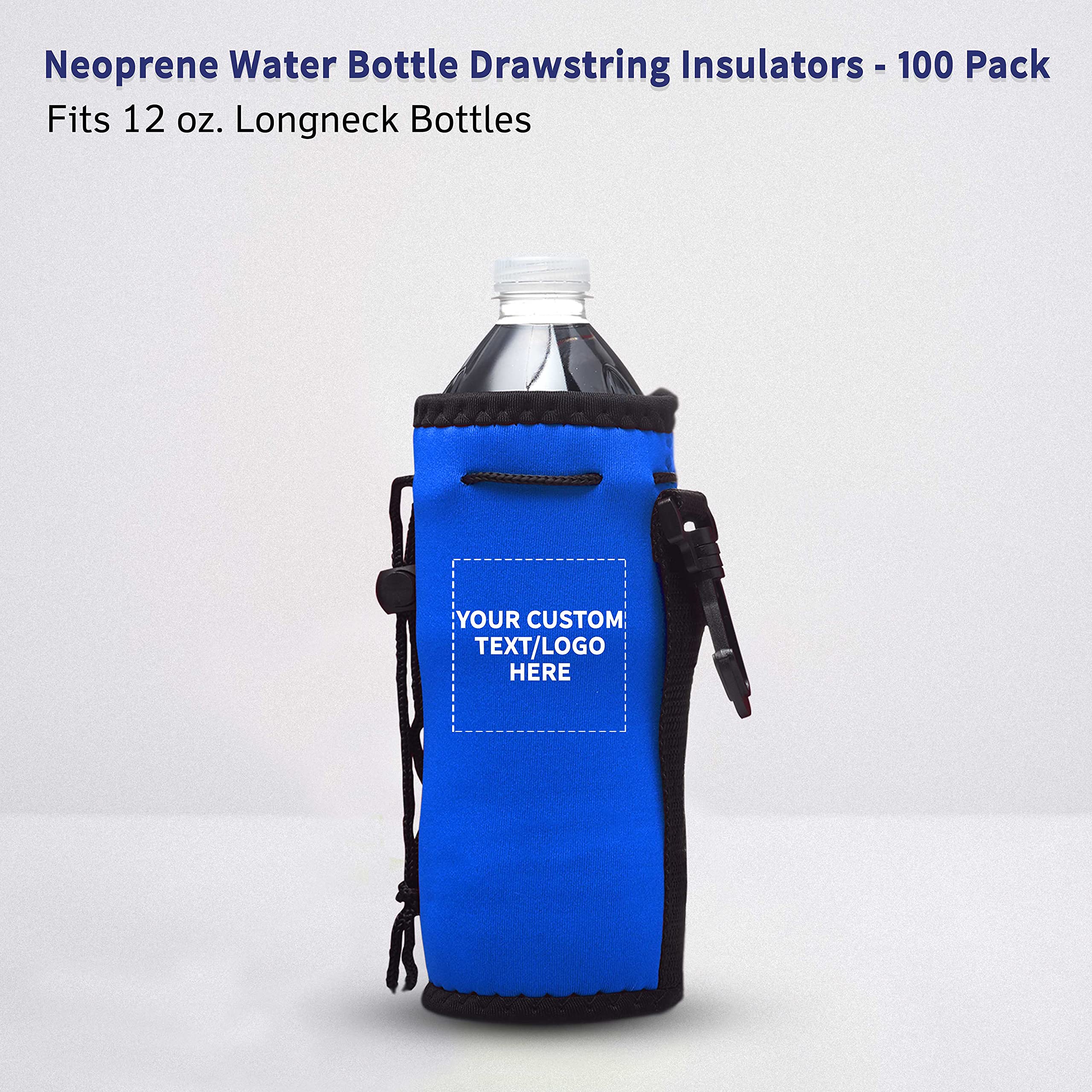 100 Pack Custom Neoprene Water Bottle Insulators with Drawstring - Personalized Text & Logo - 12 oz Longneck Bottle Sleeves with Hook - Royal Blue - Perfect for Parties, Events & Corporate Gifts