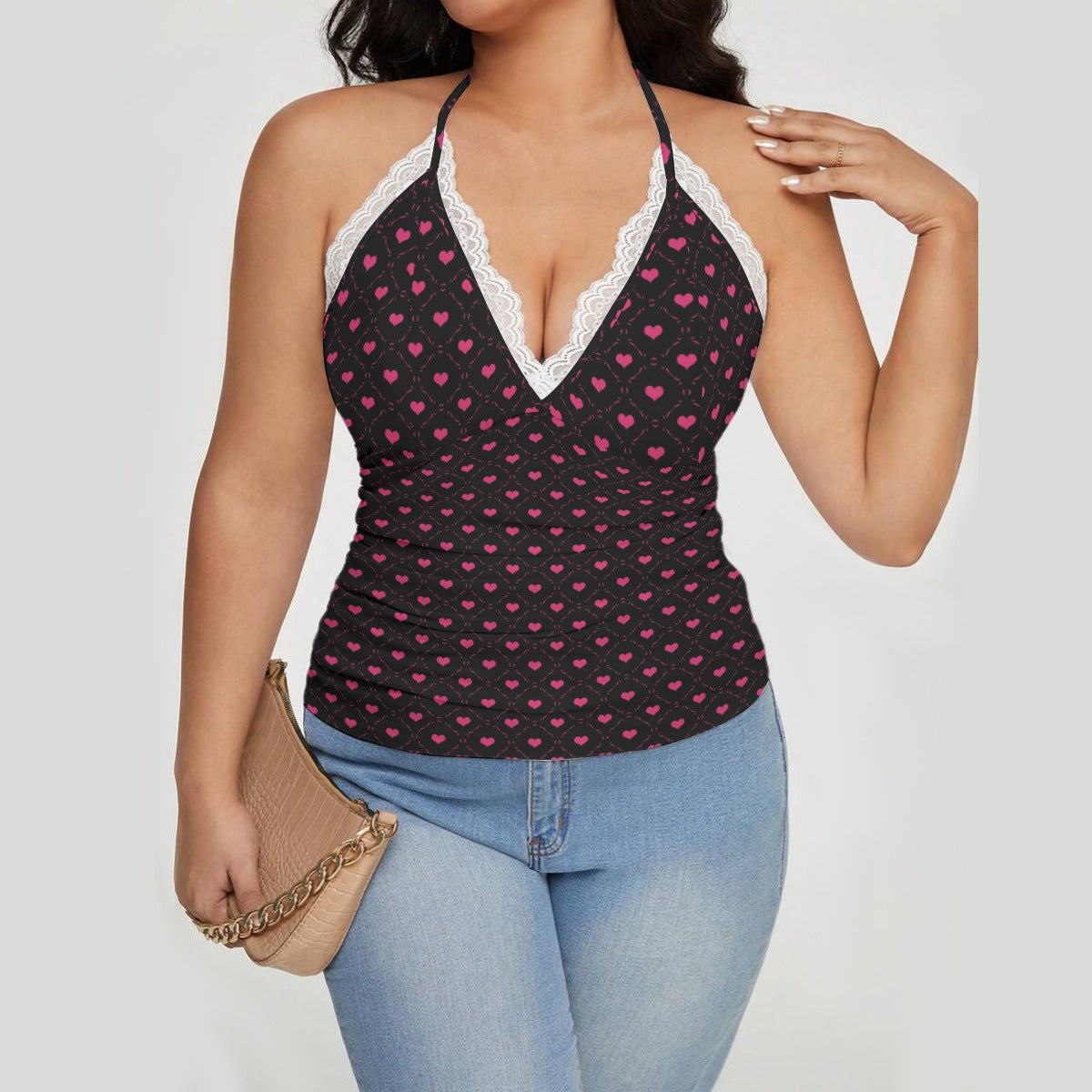Little Pink Hearts Lace Trimmed Tie Back Top - Women's Romantic Blouse for Date Night & Special Occasions