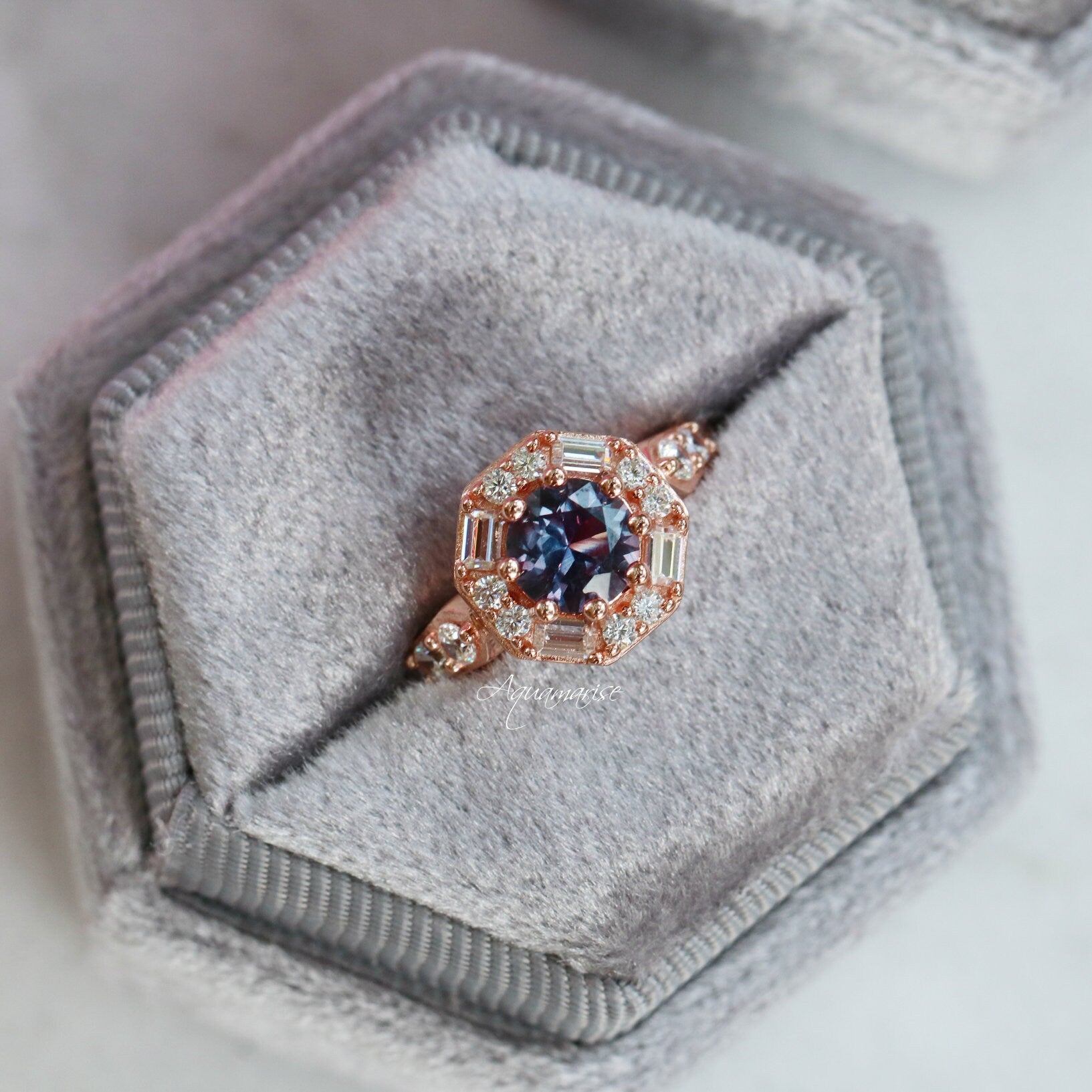 Hexagon Alexandrite Ring 14K Rose Gold Vermeil - Elegant Gemstone Jewelry for Women, Perfect for Weddings, Anniversaries & Special Occasions