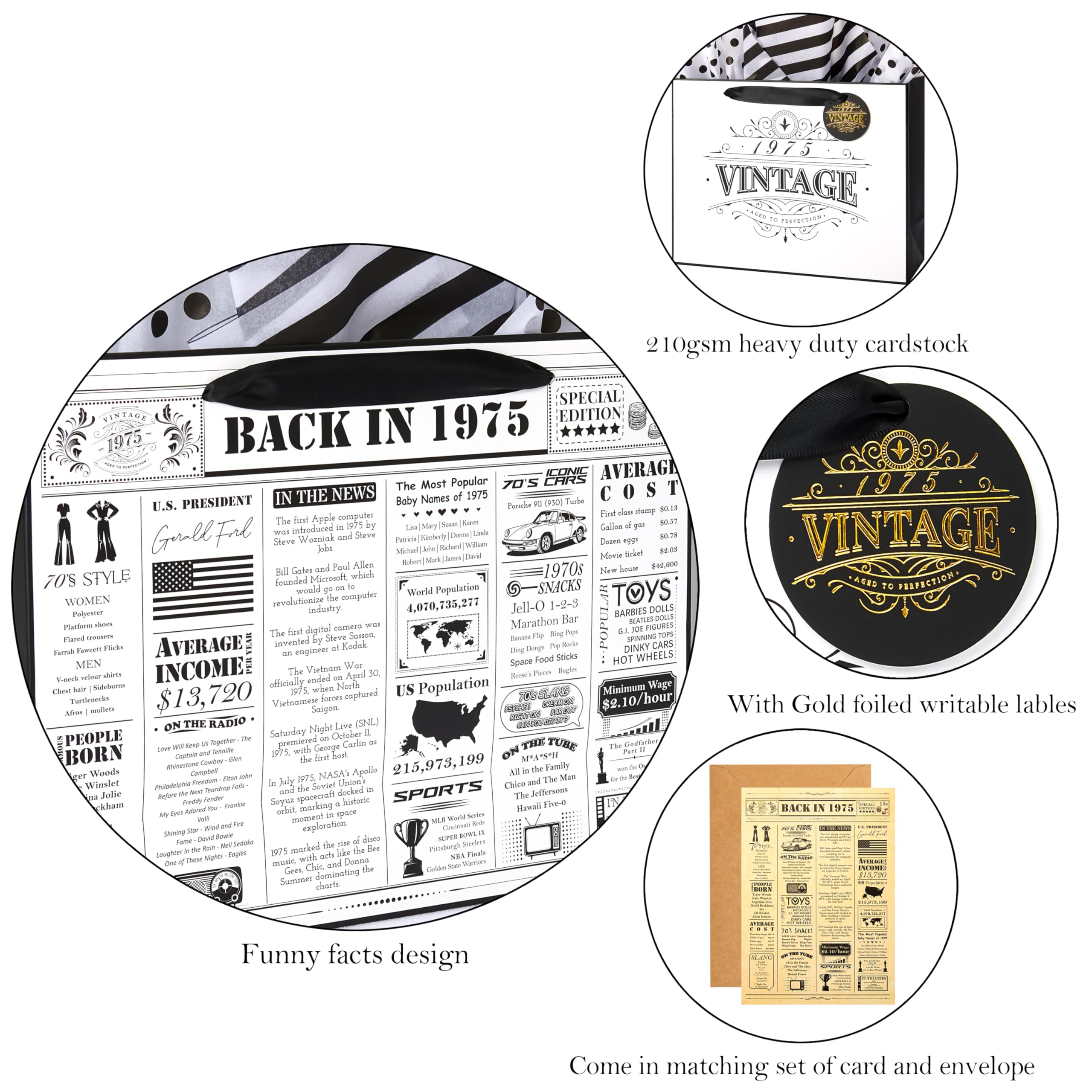 Vintage 1975 Style 13 Inch Large Gift Wrapping Bag Set with Greeting Card, Matching Envelope, Sticker & Tissue Paper - Perfect 50th Birthday Gift for Women, Wife, Sister, Mom, Aunt & Friends | Great for Anniversary, Retirement & Special Occasion Presents