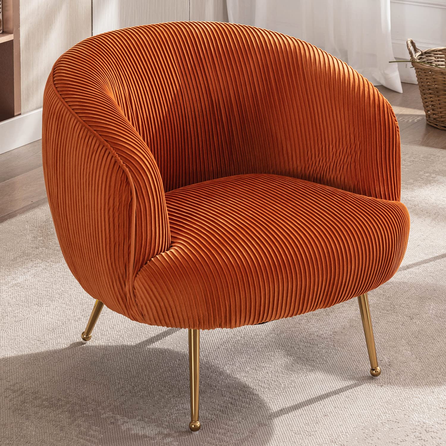 DUOMAY Modern Velvet Accent Armchair with Golden Legs - Barrel Upholstered Lounge Chair, Comfortable Single Sofa for Living Room, Bedroom & Office - Perfect for Relaxing, Reading & Decor (Orange)