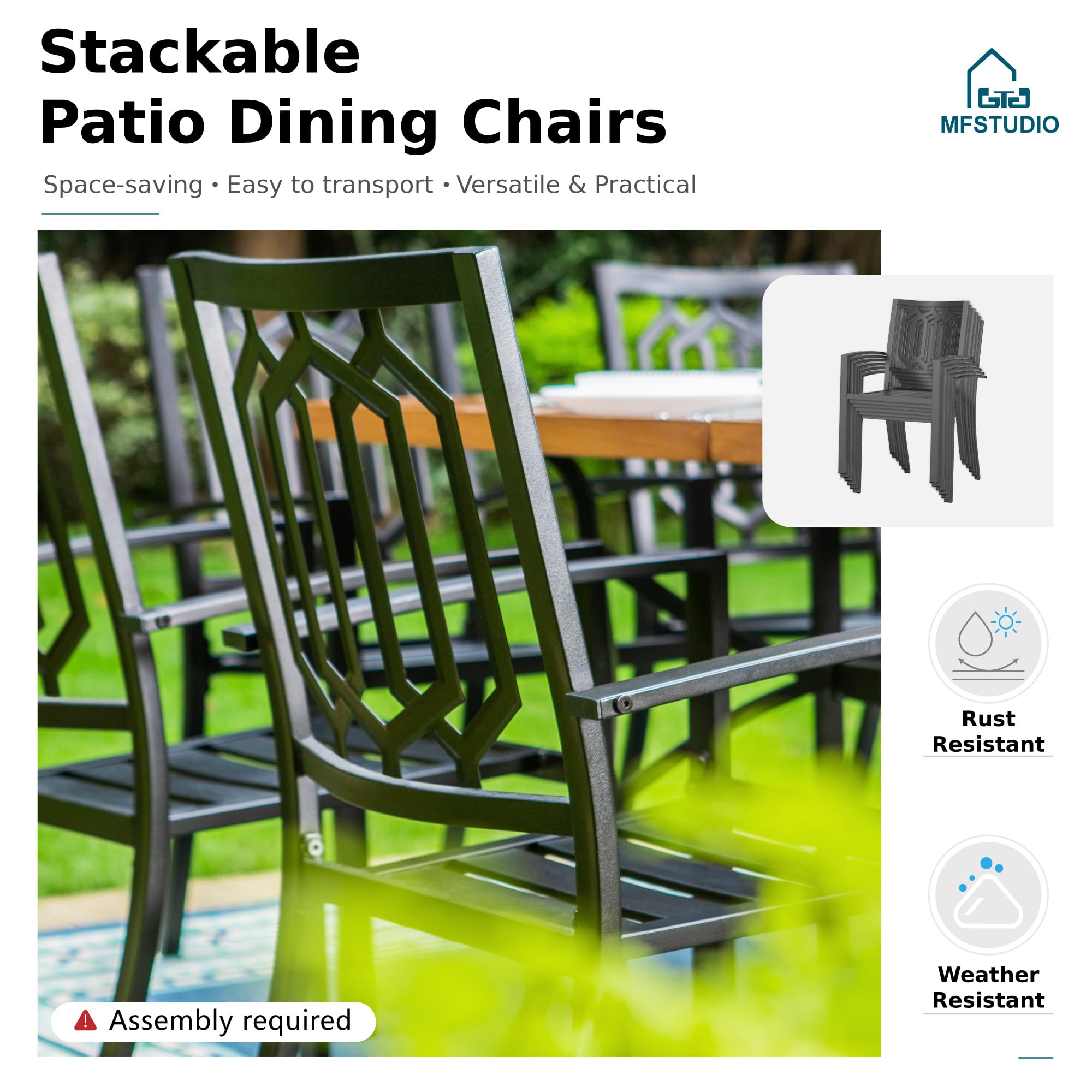 MFSTUDIO 4-Piece Outdoor Patio Dining Set with 10ft Umbrella - Navy Blue Stackable Chairs & Wood-Like Square Table - Perfect for Backyard, Garden, Poolside or Deck Dining (Umbrella Base Sold Separately)