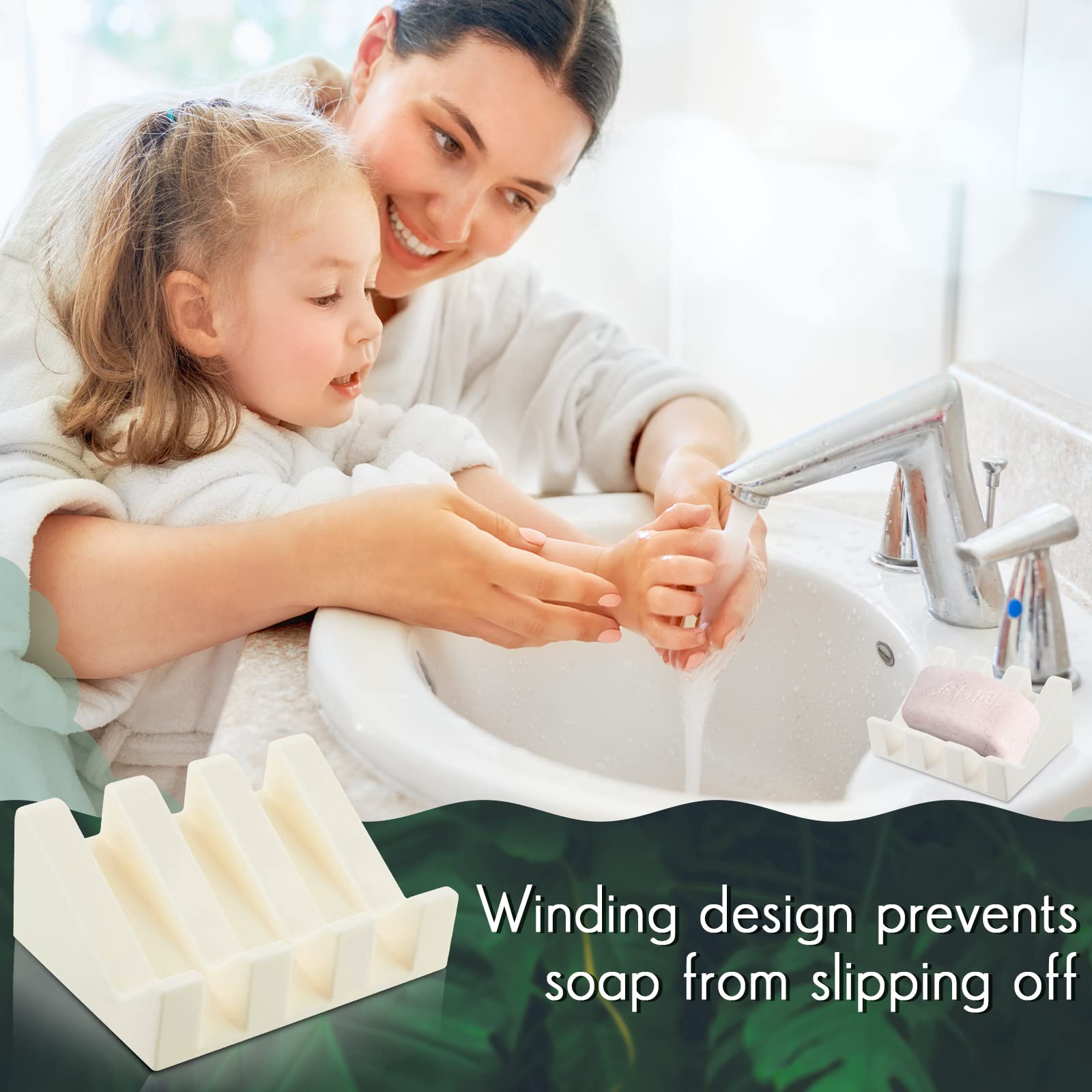 2-Pack Self-Draining Silicone Soap Dish Holder - Waterfall Design Soap Tray with Drain Holes for Shower, Kitchen & Bathroom - Keeps Soap Dry & Clean (Black & Cream White) - Perfect for Bathroom Countertops, Kitchen Sinks & Shower Shelves