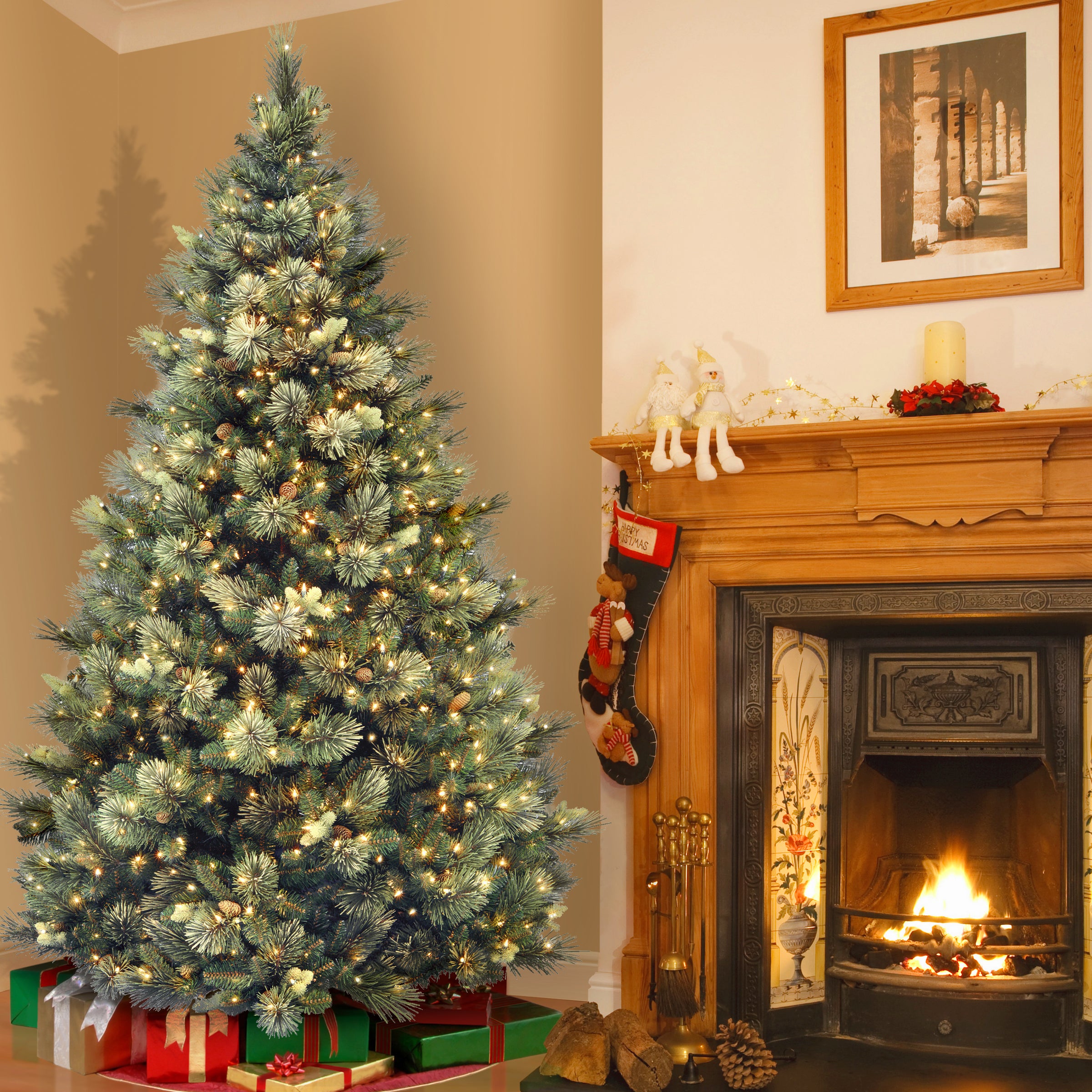 7.5 ft Pre-Lit Artificial Carolina Pine Christmas Tree with 1000 Clear LED Lights - Perfect for Living Room, Office & Holiday Decorations