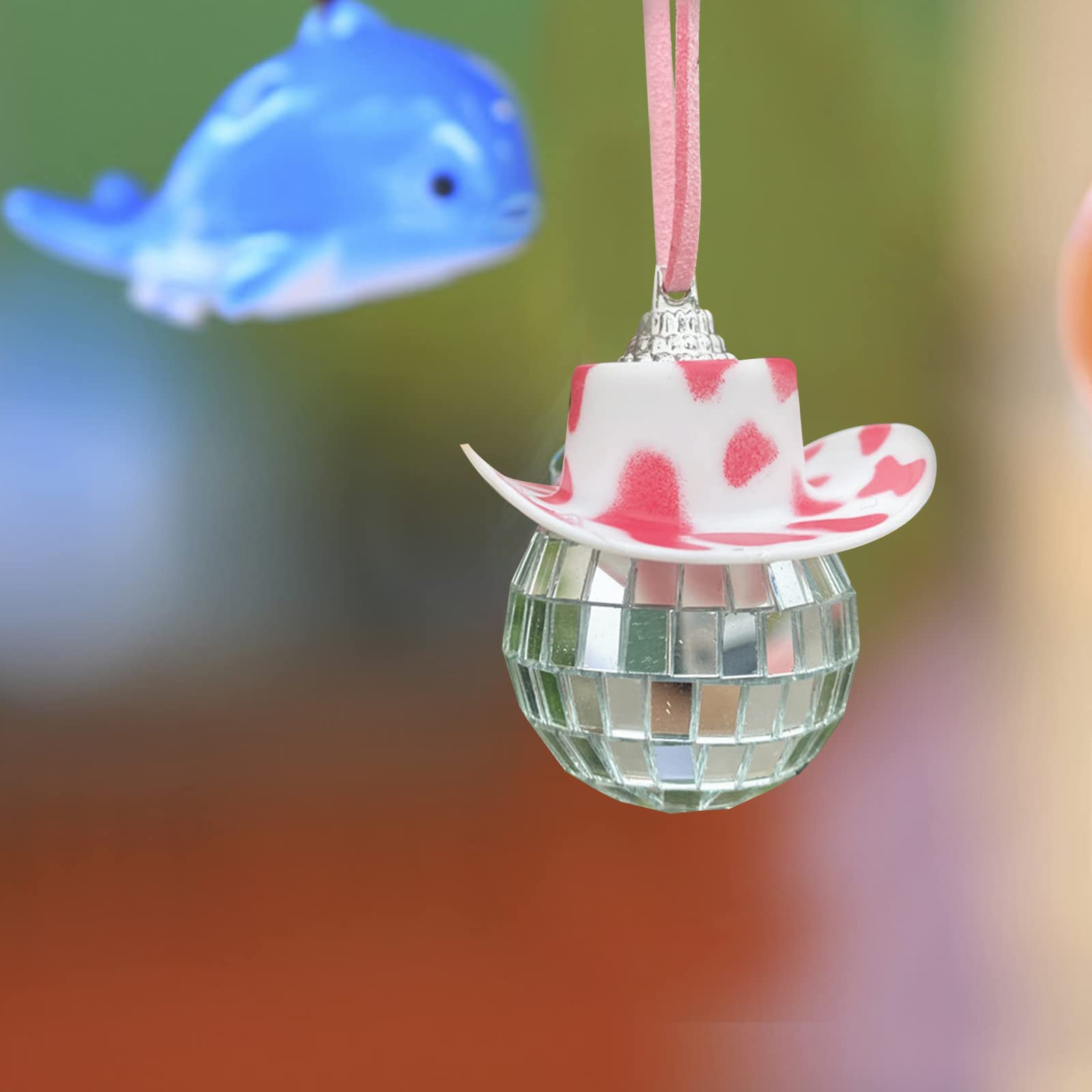 **Disco Ball Car Mirror Ornament - Pink Spot Cowboy Hat Car Charm, Hanging Accessory for Car Decor & Party Vibes | Perfect for Road Trips, Night Drives & Themed Parties**