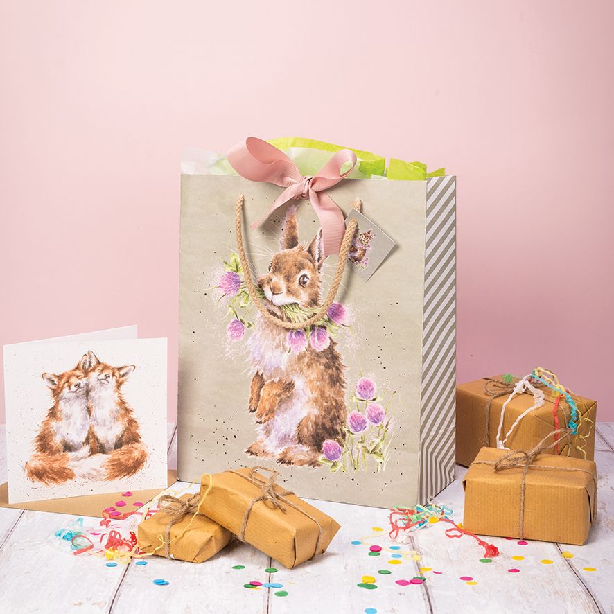 Wrendale Designs Head Clover Heels Large Gift Bag with Rabbit Print - Perfect for Birthday, Christmas & Special Occasion Gifts, Party Favors & Home Decor
