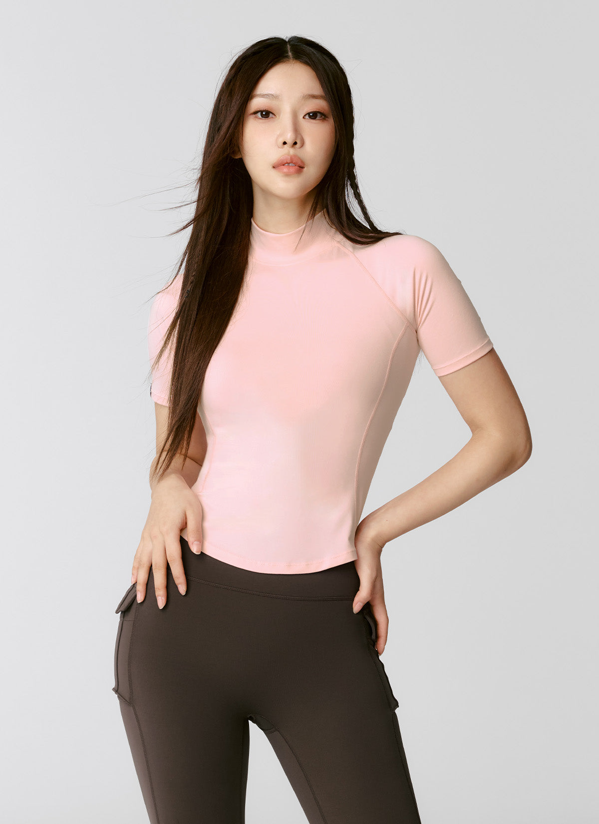 Peach-Colored Mock Neck Short Sleeve T-Shirt for Women - Casual Summer Top for Outfits, Dating & Office Wear