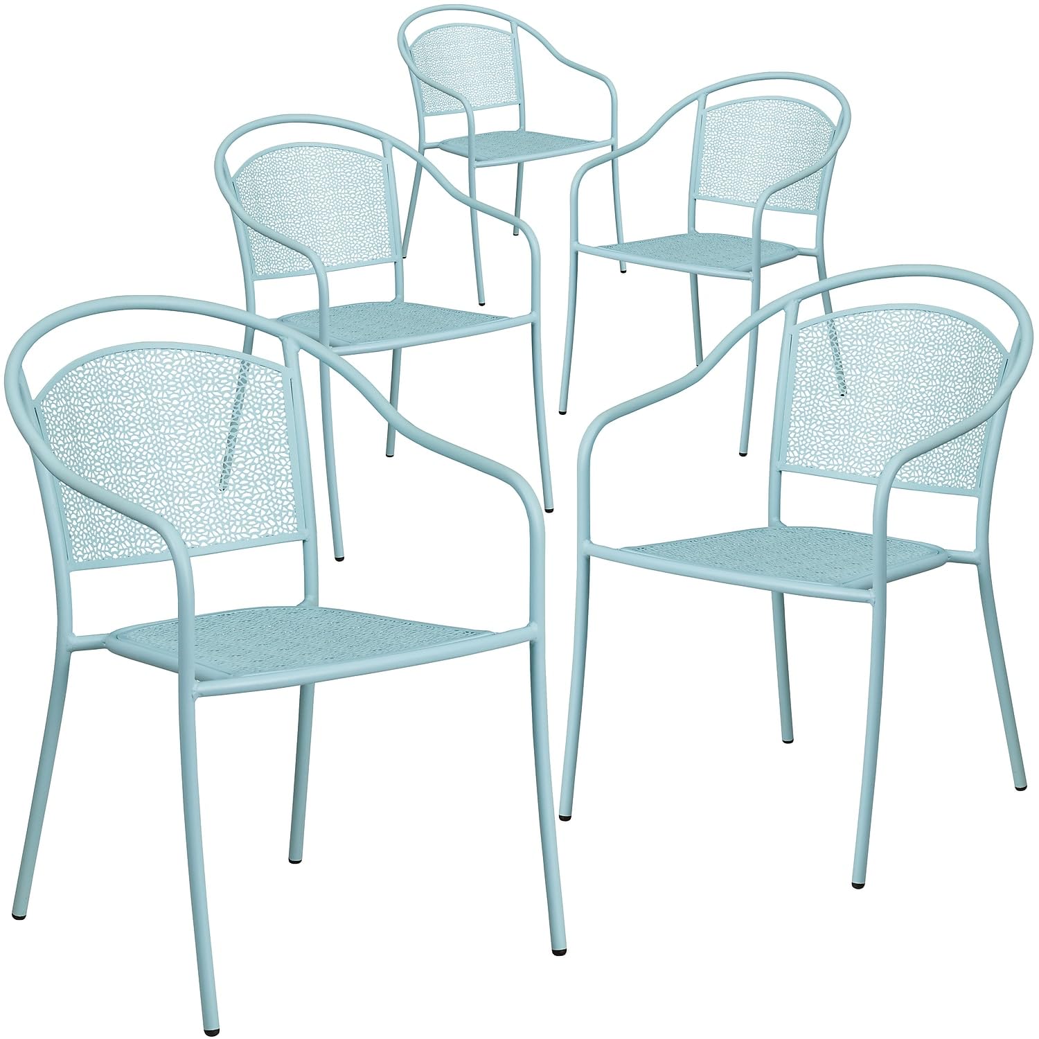 Flash Furniture Oia Commercial Grade 5-Pack Sky Blue Indoor-Outdoor Steel Patio Arm Chairs with Round Back - Durable Stackable Dining Chairs for Restaurant, Cafe, Poolside & Home Use