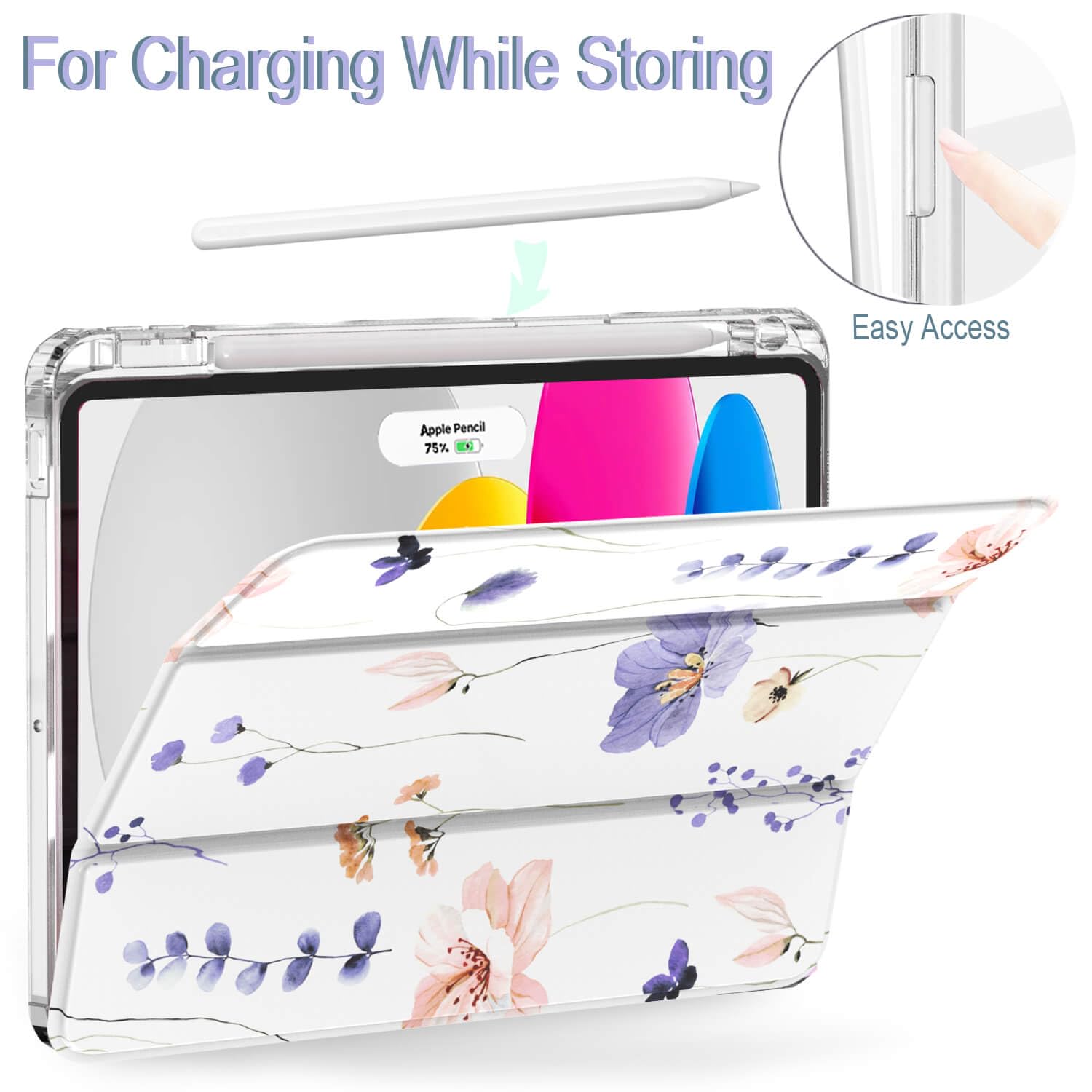 Slim Clear iPad Air Case for 11-inch M3 2025 / M2 2024 & 10.9-inch 5th/4th Gen (2020-2022) - Purple Floral Design with Pencil Holder & Auto Sleep/Wake | Perfect for Work, School & Travel Protection