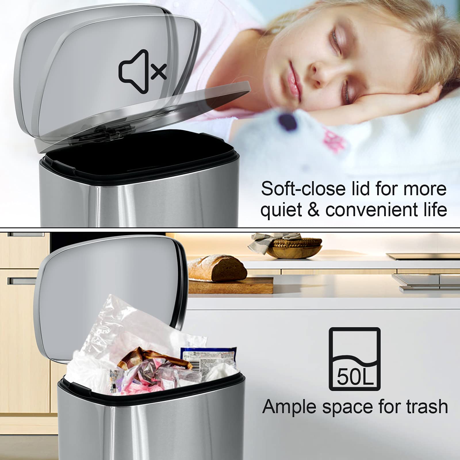 DKeli 13 Gallon Stainless Steel Step Trash Can with Soft Close Lid & Removable Inner Bucket - 50L Kitchen, Bathroom, Bedroom, Office Garbage Bin for Odor Control & Hands-Free Disposal