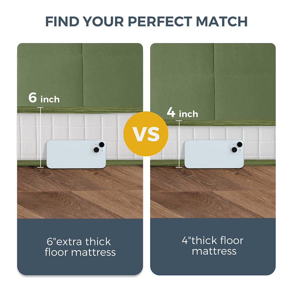MAXYOYO 6-Inch Extra Thick Square Floor Futon Mattress - Foldable Memory Foam Topper Pad for Guest Bed, Dorm Room & Camping (Green)