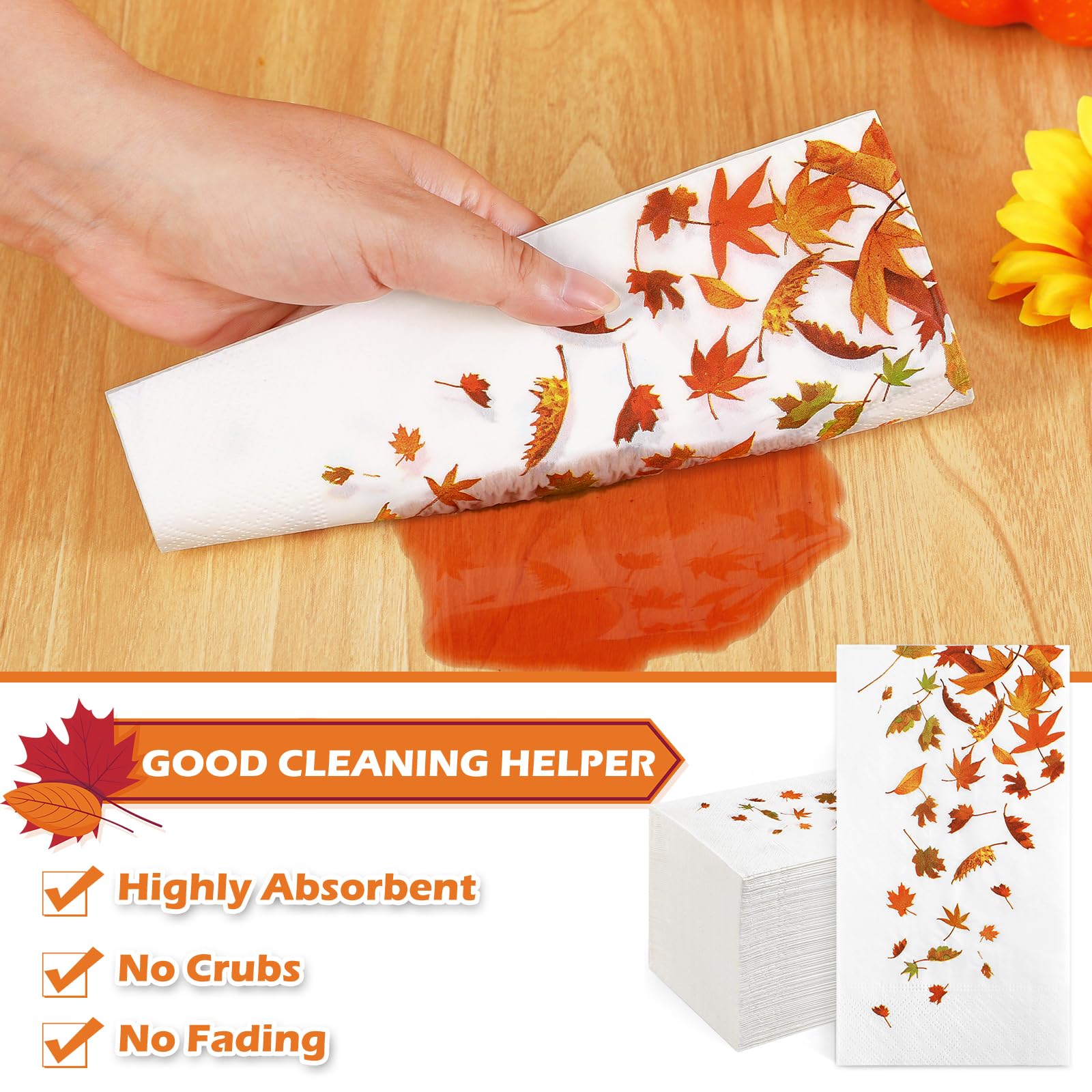 100PCS Fall Leaves Napkins - 3-Ply Disposable Thanksgiving Napkins for Bathroom & Kitchen | Decorative Autumn Paper Guest Towels | Perfect for Thanksgiving Dinner, Fall Home Decor & Party Table Settings