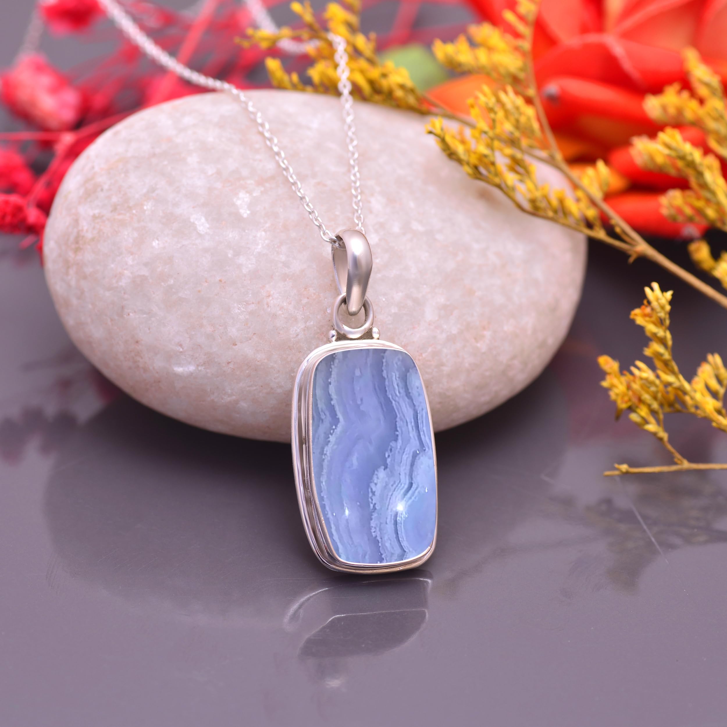 Veracity Jewelry Blue Lace Agate Pendant Necklace for Women - 925 Sterling Silver 18