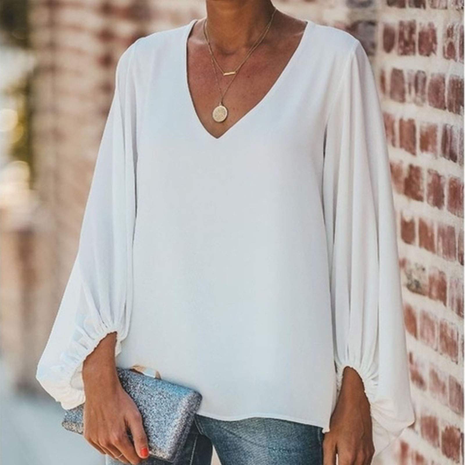 Vhshppy Women's V-Neck Casual T-Shirt - Soft Baggy Sleeve Solid Color Top (White, Large) | Perfect for Everyday Wear, Weekend Outings & Summer Fashion