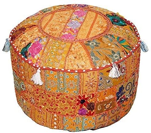 Agro Richer Boho Pouf Cover - 100% Cotton Khamadiya Indian Vintage Ottoman & Floor Cushion Cover (22x14x22 Inches) - Hippie Home Decor for Living Room, Bedroom & Outdoor Use - Orange Bohemian Style
