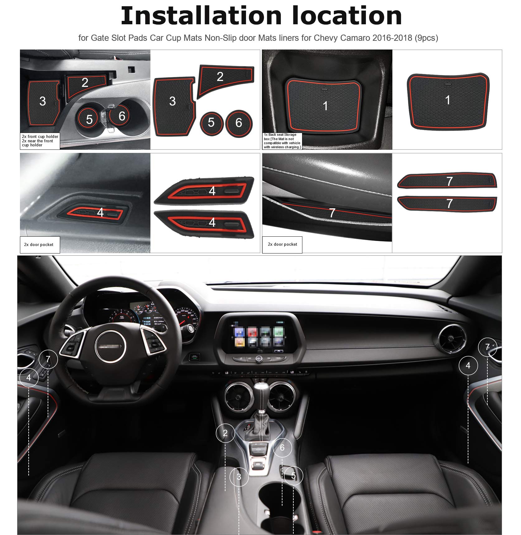 Auovo Custom Fit Anti Dust Mats for Chevy Camaro 2016-2023 - 9-Piece Set (Red) | Door Compartment Liners & Cup Holder Mats | Interior Protection & Easy Cleaning | Perfect for Daily Driving & Car Shows