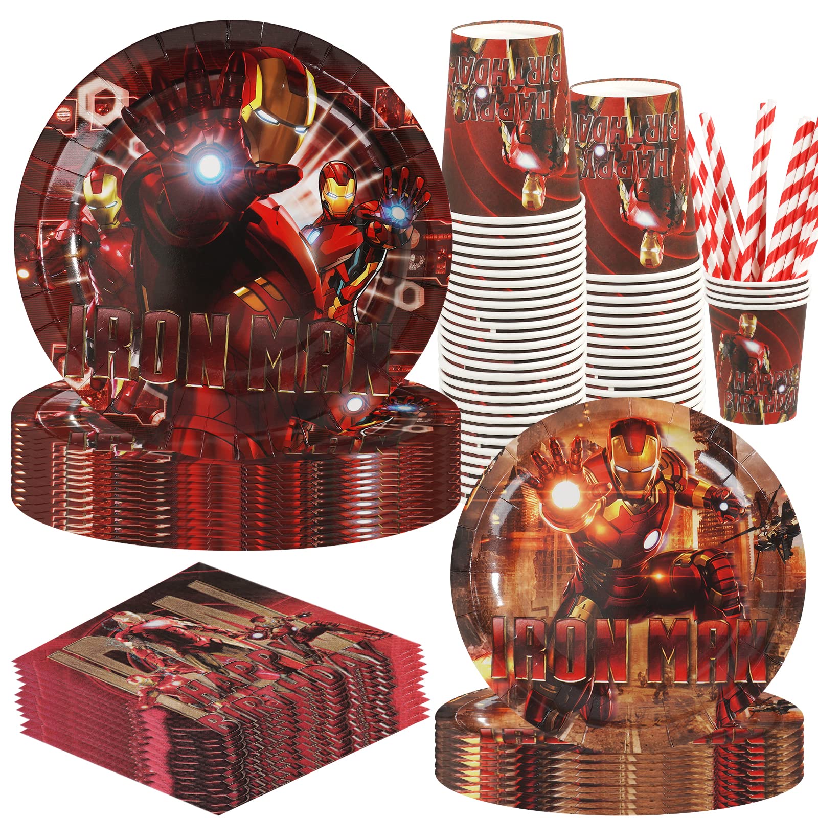 88-Piece Iron Man Party Supplies Set for 16 Guests - Superhero Themed Party Decorations Includes Plates, Napkins, Cups, Straws & Utensils - Perfect for Baby Showers, Birthday Parties & Superhero Themed Events (Red)