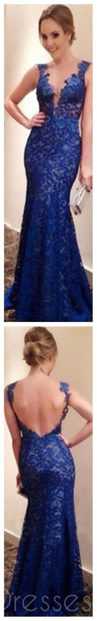 Elegant Long Blue Lace Sheath Prom Dress with Backless Design | Sexy Evening Gown for Homecoming, Formal Dances & Special Occasions | PD0110