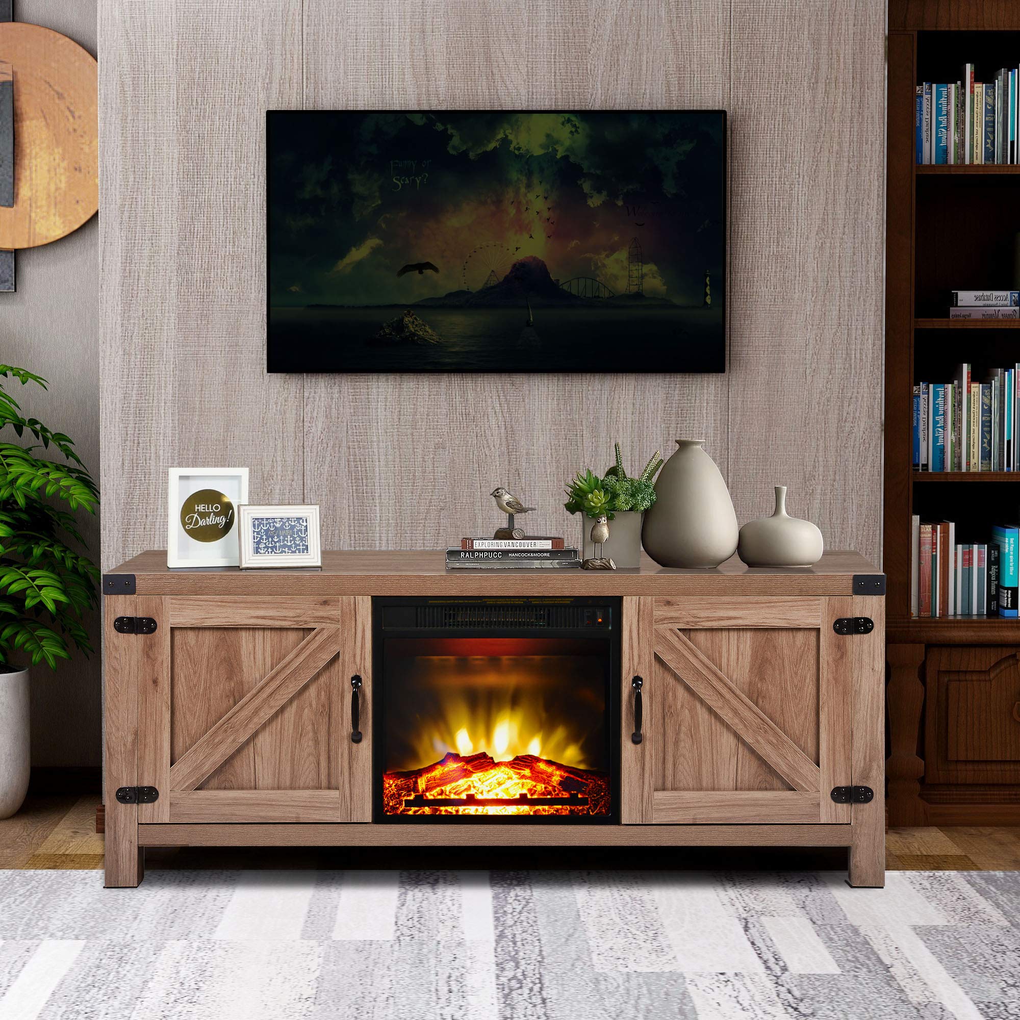 58 Inch Rustic Barn Door TV Stand for 65 Inch TVs - Solid Wood Fireplace Console with Storage Shelf - Living Room, Bedroom, Home Theater Furniture - Perfect for Farmhouse, Modern & Traditional Decor