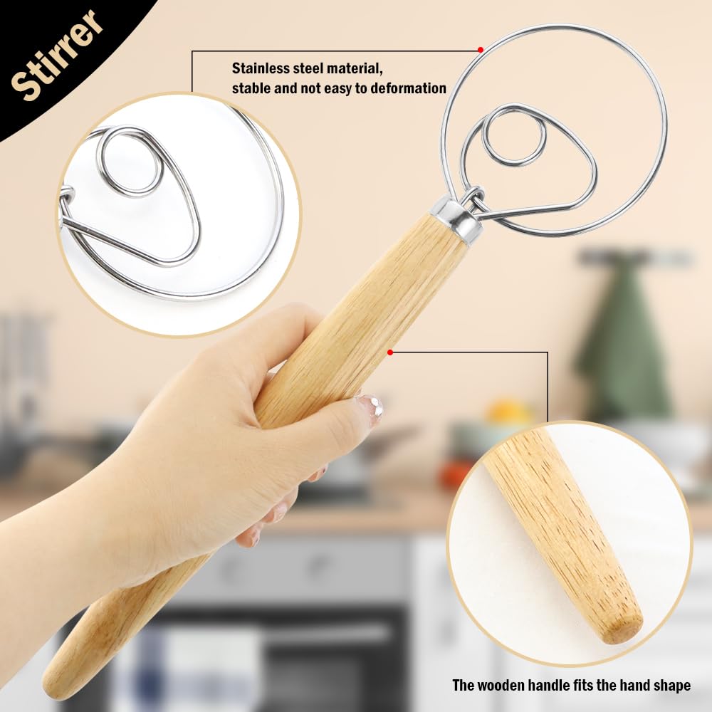 2-Pack Rustproof Stainless Steel Danish Dough Whisk - 13 Inch Wooden Handle Bread Mixer for Sourdough, Pizza Dough, Pastry & Baking - Perfect for Home Bakers & Professional Kitchens