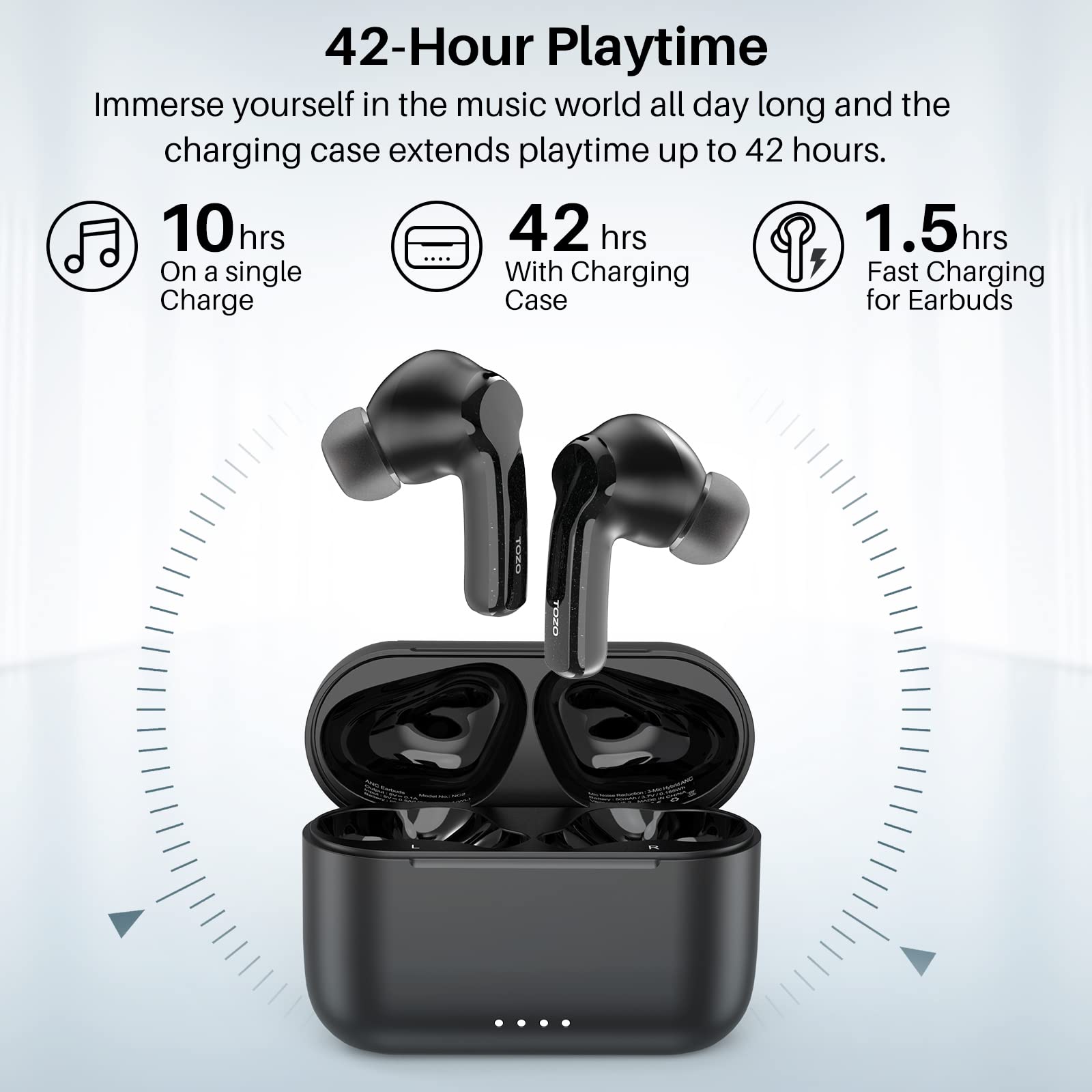 TOZO NC2 Hybrid Active Noise Cancelling Wireless Earbuds - Bluetooth 5.3 Headphones with IPX6 Waterproof, Deep Bass & Immersive Sound (Black) | Perfect for Workouts, Commuting & Travel