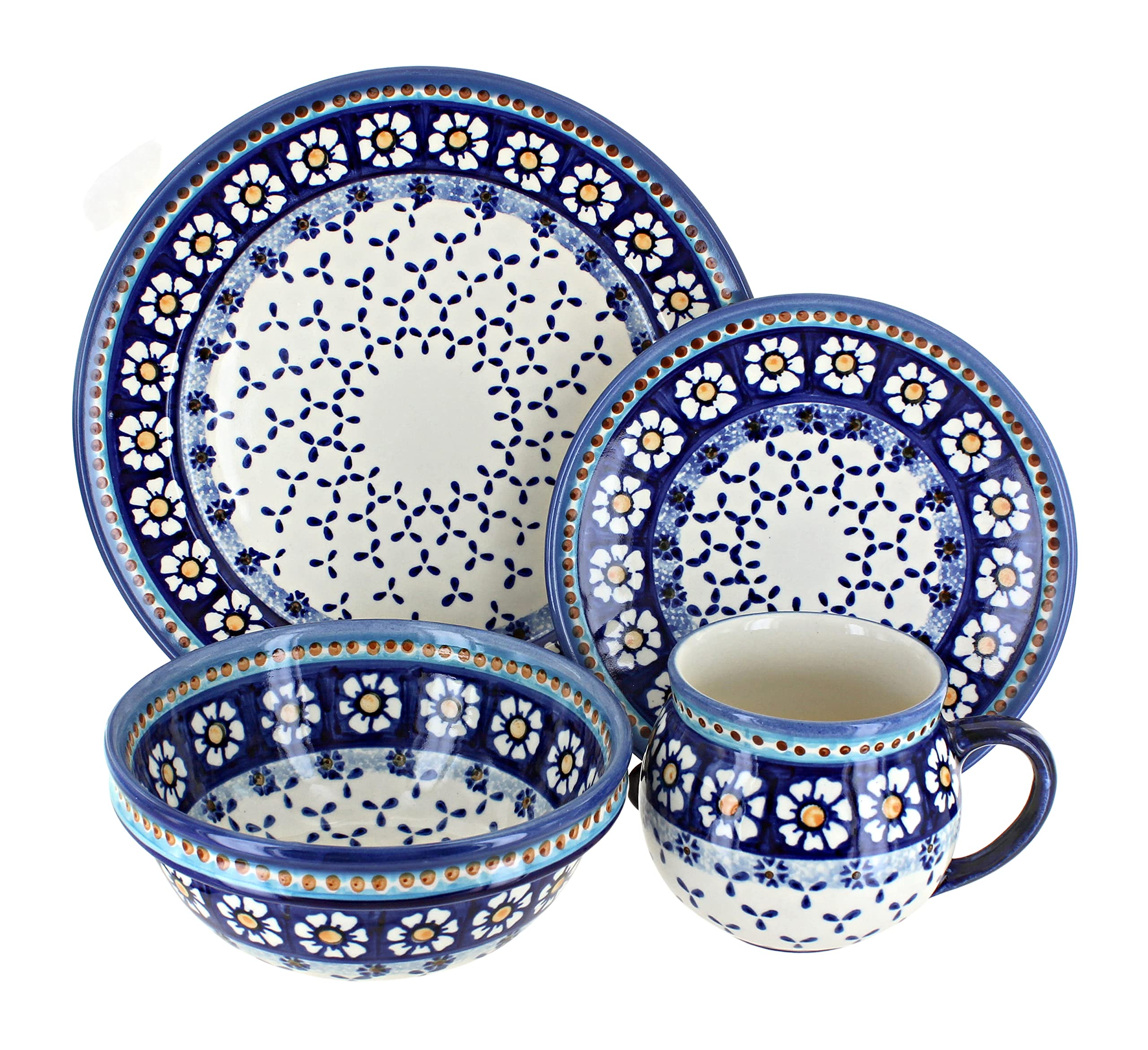 Blue Rose Polish Pottery Country Blue Daisy 16-Piece Dinnerware Set with Bell Mug - Elegant Handcrafted Ceramic Tableware for Everyday Dining & Special Occasions