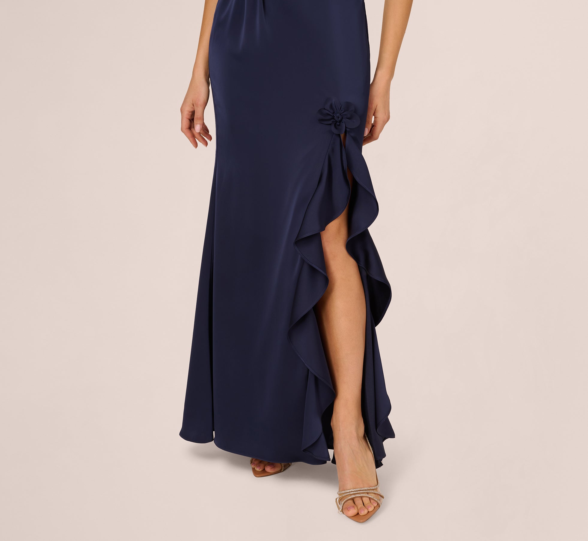 Elegant One Shoulder Satin Floral Applique Evening Gown in Dark Navy - Perfect for Prom, Cocktail Parties & Formal Events
