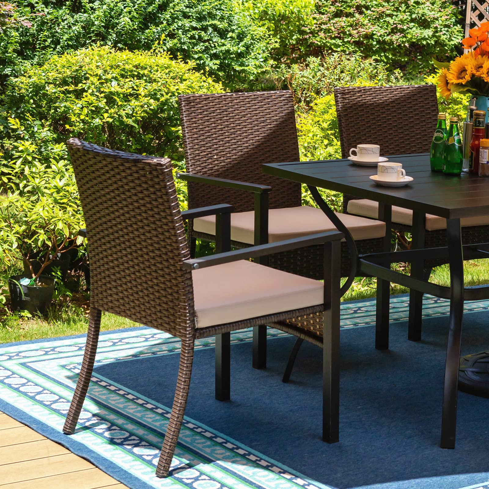 MFSTUDIO 4-Piece Patio Rattan Outdoor Wicker Chair Set with Cushions - Brown Woven Wicker Dining Chairs for Porch, Garden & Backyard - Extra Wide Seating for Comfortable Outdoor Entertaining