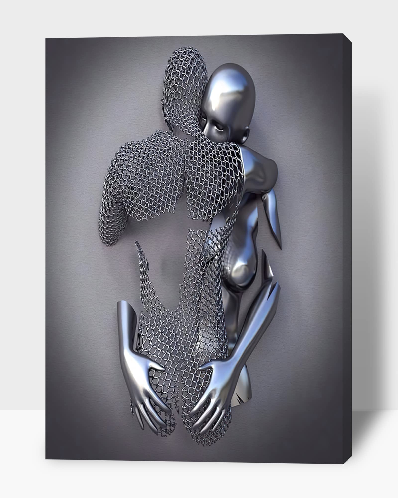 3D Metal Heart Wall Art - Gray Hugging Couple Canvas Painting for Bedroom & Living Room - Valentine's Day Gift for Couples - 32x48 Inches - Perfect Romantic Home Decor for Anniversary, Wedding & Housewarming
