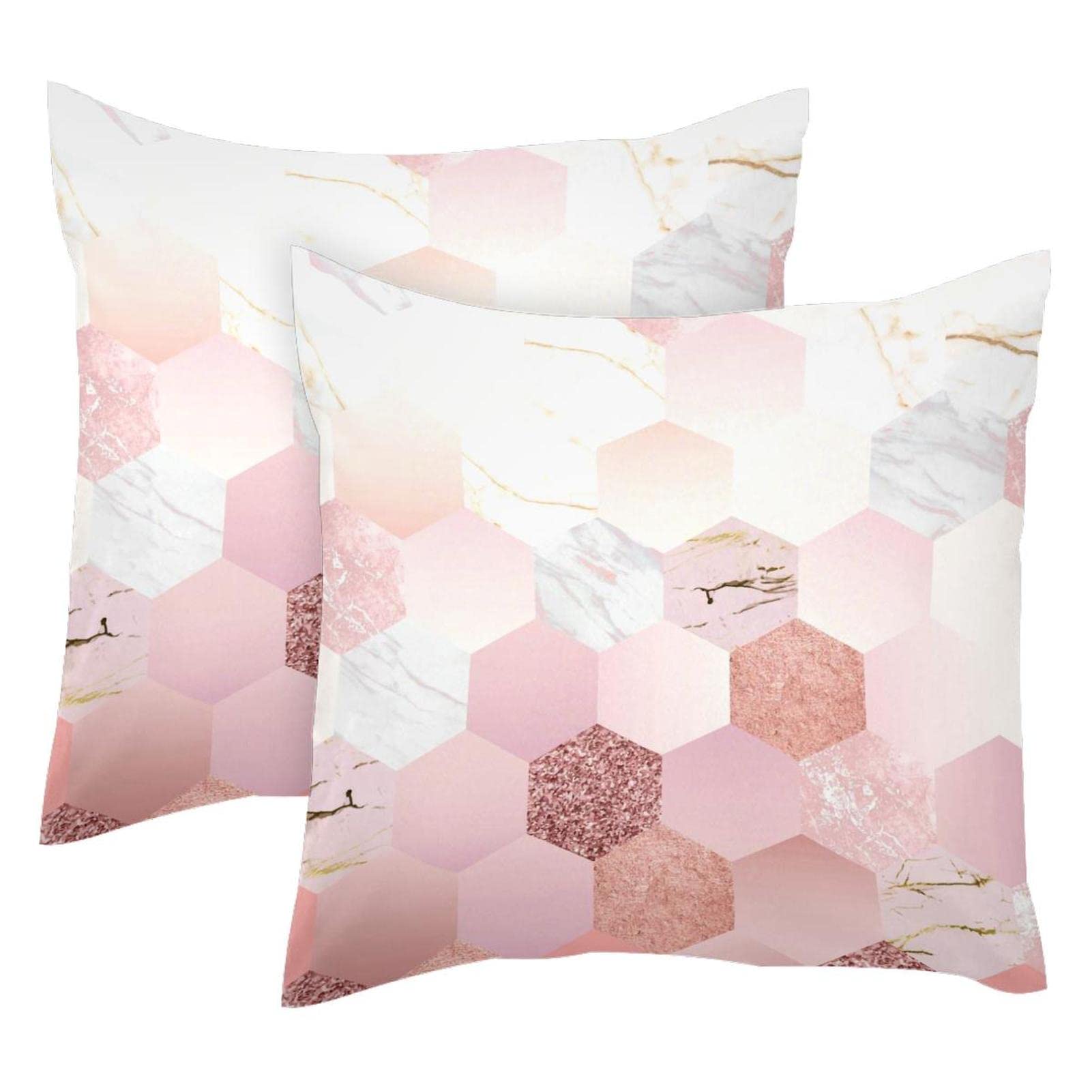 Hexagon Pattern Square Cushion Covers Set of 2 - 20x20 Inch Girly Pink & White Throw Pillow Covers for Sofa, Bed, Living Room Decor - Perfect for Home Styling and Cozy Comfort