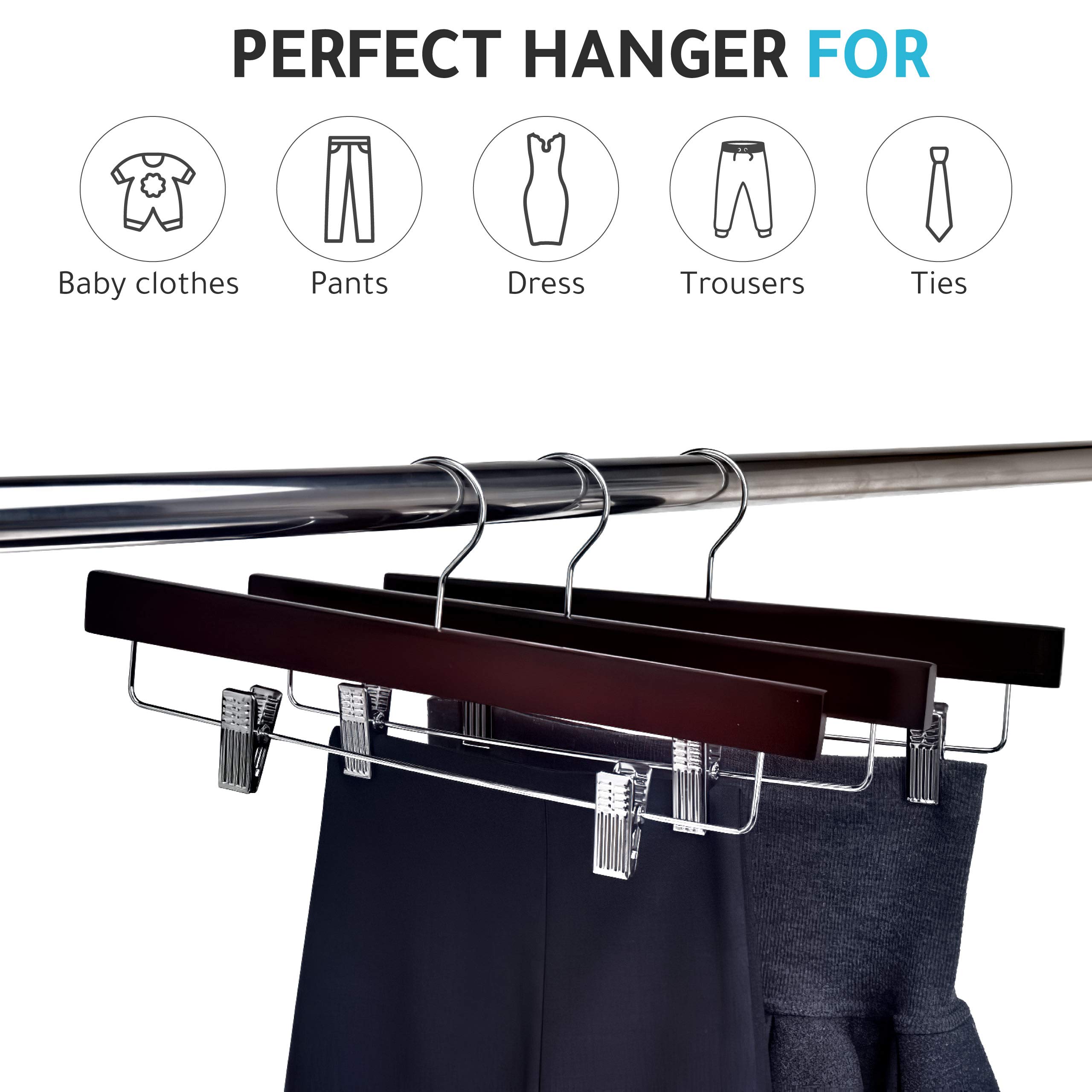 Premium 100-Pack Wooden Clothes Hangers with Swivel Hooks & Adjustable Clips - Heavy Duty Mahogany Pants, Skirt, Shorts & Slack Hangers for Wardrobe Organization - Perfect for Closet Storage, Retail Stores & Laundry Room Use