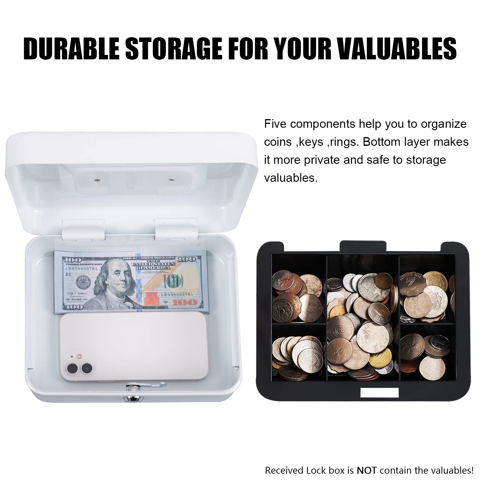 KYODOLED Medium Cash Box with Money Tray & Key Lock - 7.87x6.30x3.54 Inch Small Safe for Cash Storage - Ideal for Retail Stores, Home Office, and Small Business Security